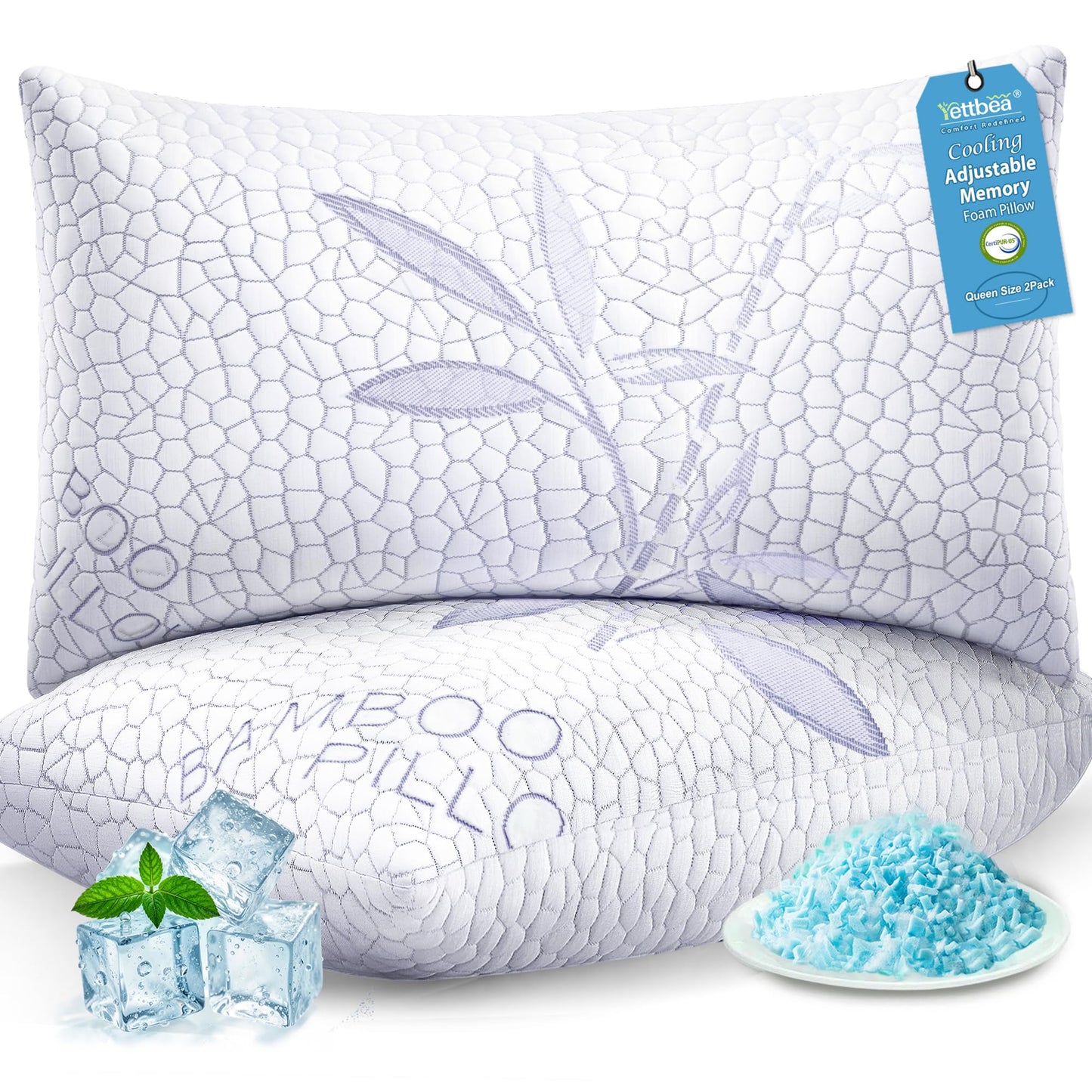 Yettbea Shredded Memory Foam Cooling Pillows Queen Size Set of 2, Supportive Firm Bamboo Bed Pillows- Adjustable Loft with Zippered Cover for Hot, Side, Back, Stomach Sleeper
