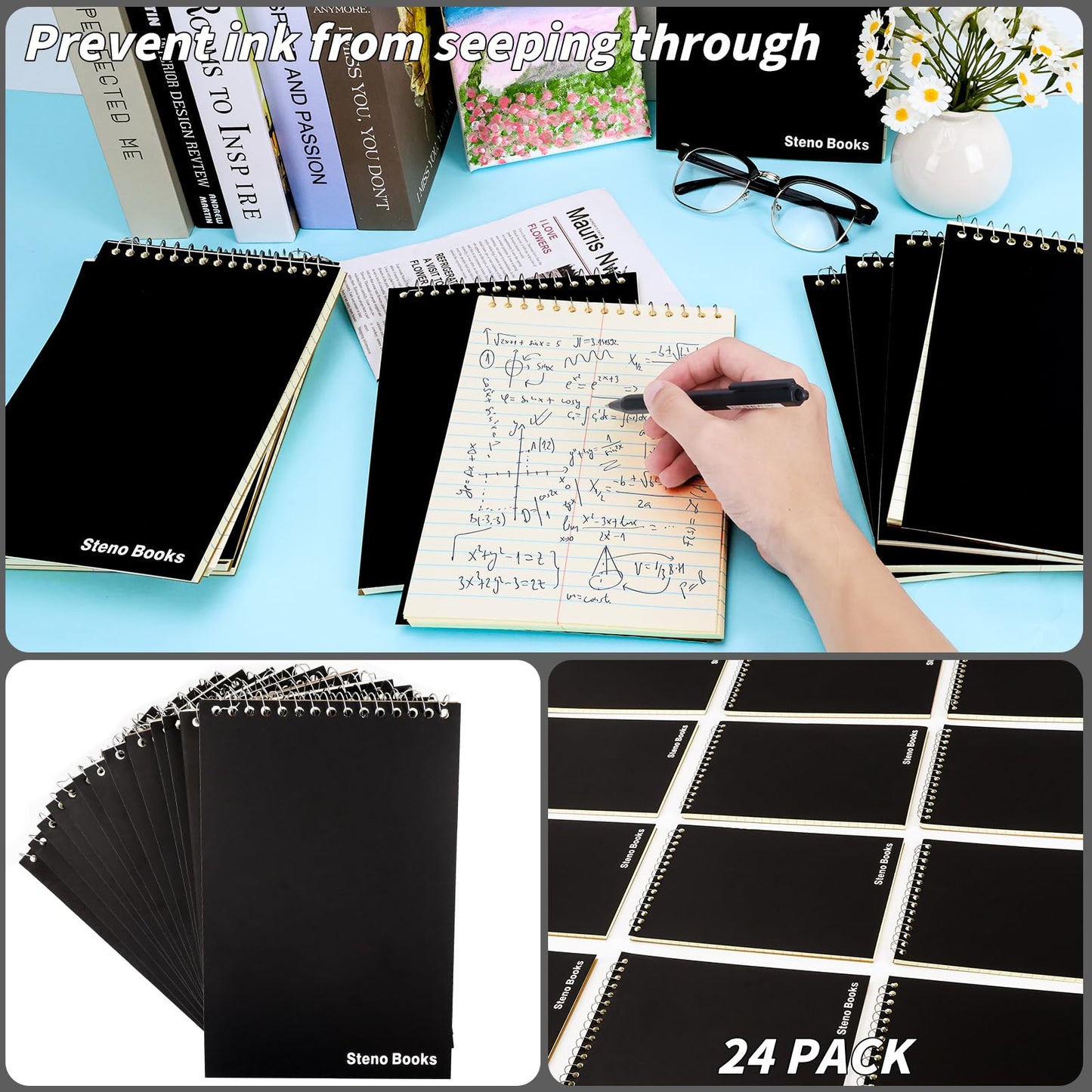 UZLU 24 Pcs Steno Pads 6 x 9 in Top Spiral Notebook Bulk Pack Note Pad 1440 Total Sheets Gregg Rule Steno Notebooks for School Office Home Students Teachers Organized Daily Notes Planners