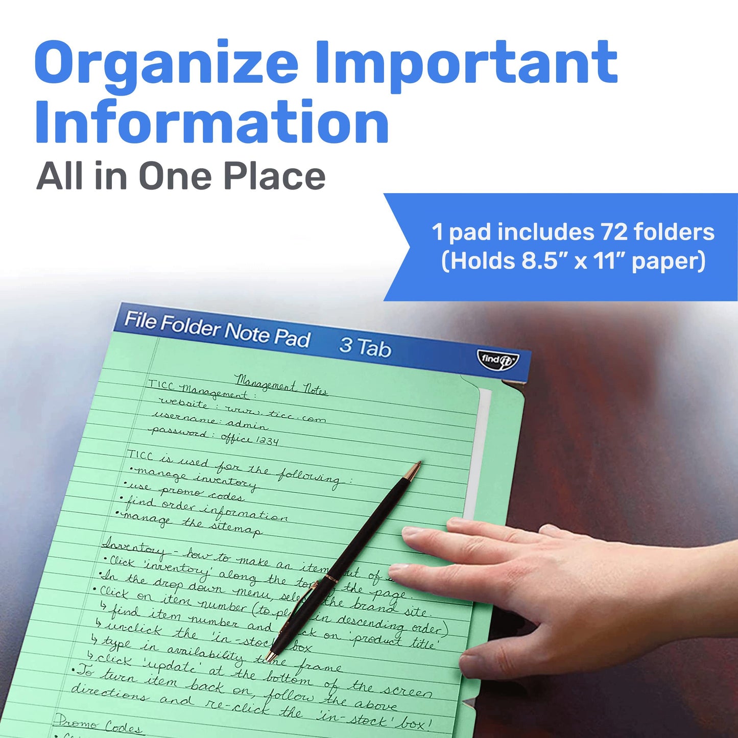 Find It File Folder Notepad - Pack of 72-9.5 x 12.5 Inch Notebook Organizer Folders for Filing, Document, and Clipboard Organization - Green