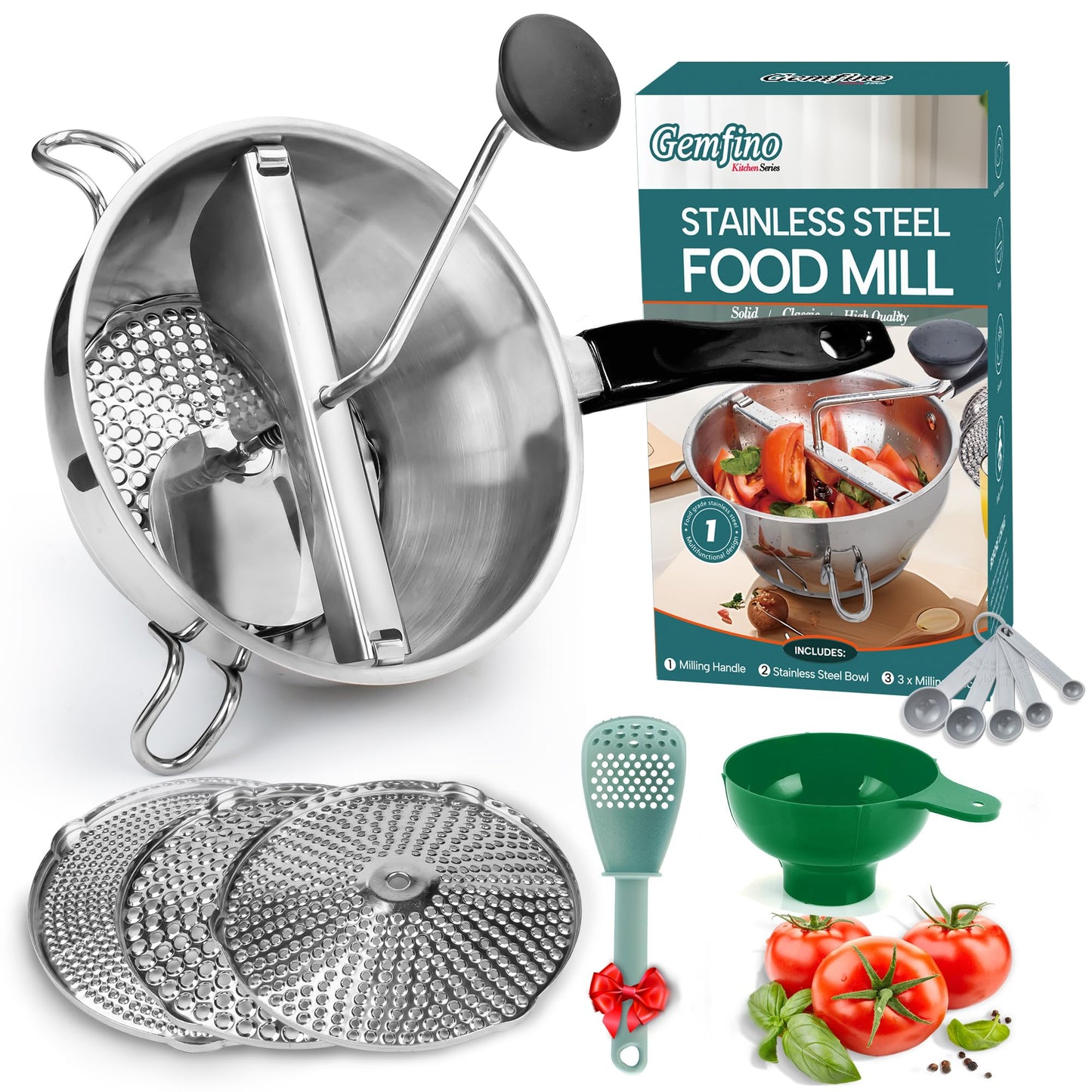 Stainless Steel Food Mill With 3 Milling Discs,Ergonomic design Rotary hand crank Food Mills For Tomato Sauce,Potatoes,Jams,canning, Dishwasher Safe,Includes Multifunctional Spoon,Blue D