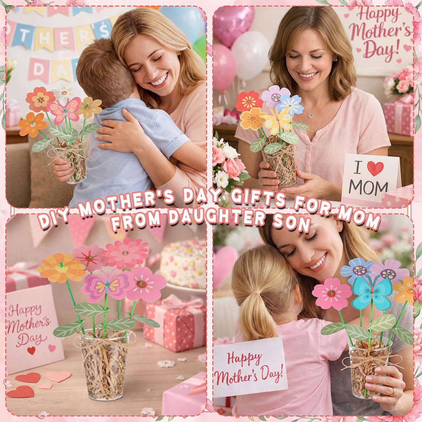 FoldTier 24 Sets Mother's Day Gifts Bulk DIY Flower Bouquet Craft Kit Includes 24 Die-Cut Flower Cards Clear Cups Wooden Stick Twine and Raffia DIY Handmade Gift for Home Mom Creative Activity