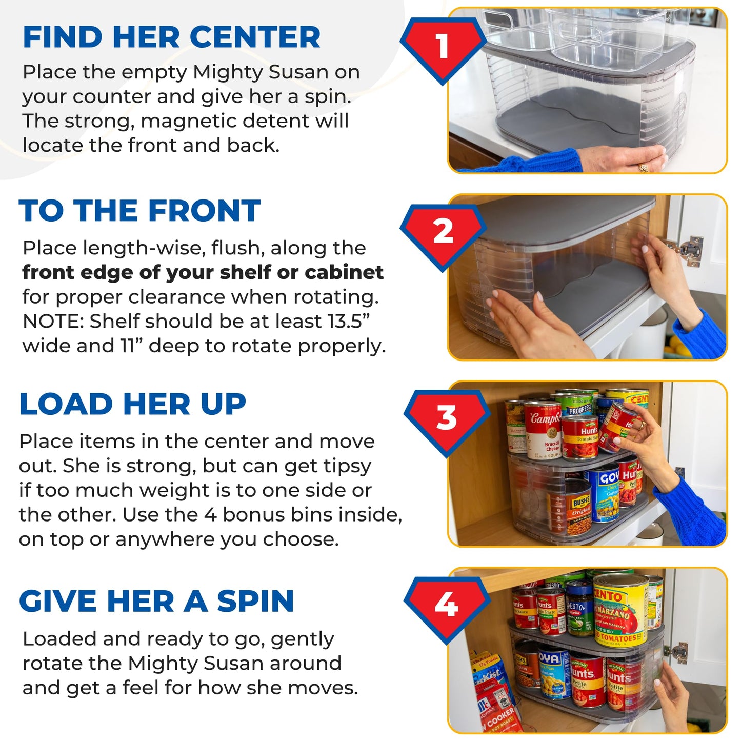 Mighty Susan Kitchen Organizer for Canned Goods: 2-Tiered Robust Turntable Organizer for Cabinet/Pantry. Steel Reinforced Holds Up To 30 lbs. Rotates 360° for Maximum Visibility. Includes 2 Bonus Bins