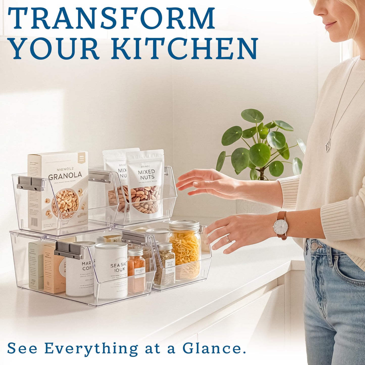HOMESTEAD Set of 8 Stackable Storage Bins, 4 Large + 4 Small Clear Plastic Organizer Bins, Open Front Design for Kitchen Pantry, Fridge, Cabinet, Bathroom Organization and Bulk Snack Storage