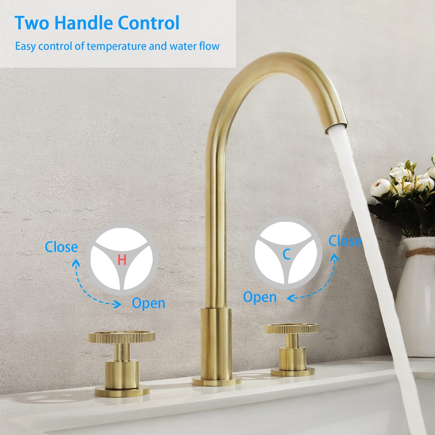 Bathroom Faucets Widespread Two Handle Vanity Faucet Deck Mount Bathroom Faucet 3 Hole Modern Gooseneck Bathroom Sink Faucet Spout, Brushed Gold