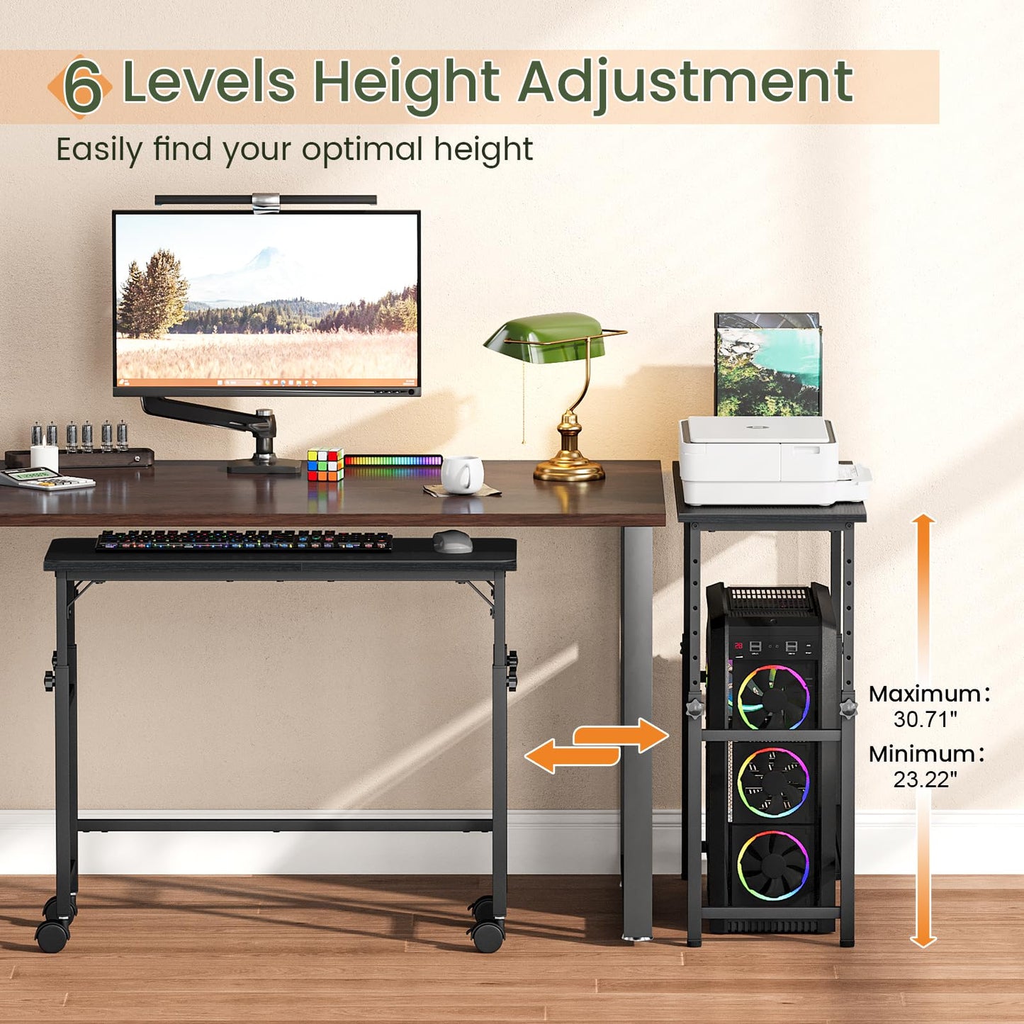 Snughome Mobile Keyboard Tray with Mouse Pad, Height Adjustment 21.6"-31.1", Keyboard Standing Desk, Rolling Under-Desk Extender with Lockable Casters, Desk Accessories for Home Office, Black