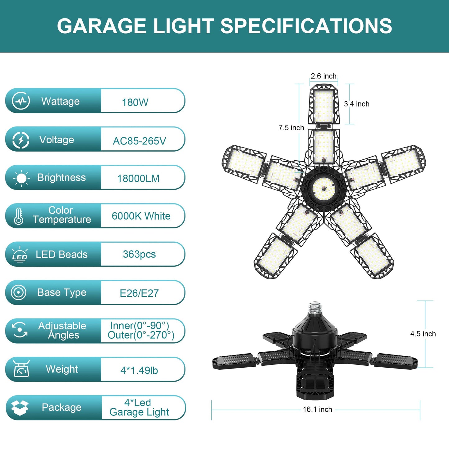 Nexillumi 4-Pack Led Garage Light 180W, 36000LM LED Shop Lights with E26/E27 Medium Base, 6000K Deformable Garage Lights Ceiling LED with 10+1 Adjustable Panels for Garage, Workshop, Attic, Basemen