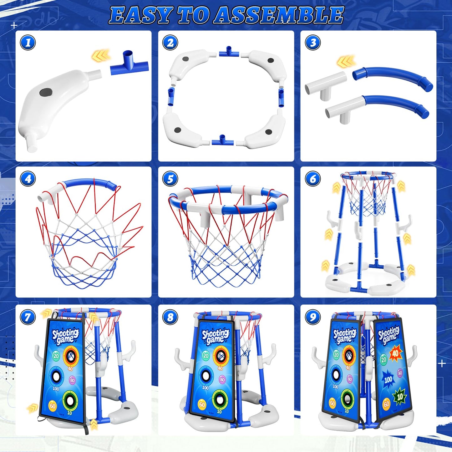 Sitodier Pool Basketball Hoop, 4-in-1 Floating Basketball Hoop with Rings Game Shooting Game and Sticky Balls for Family Party, Outdoor Swimming Pool Games Summer Water Sports Toy for Kids Age 3-12