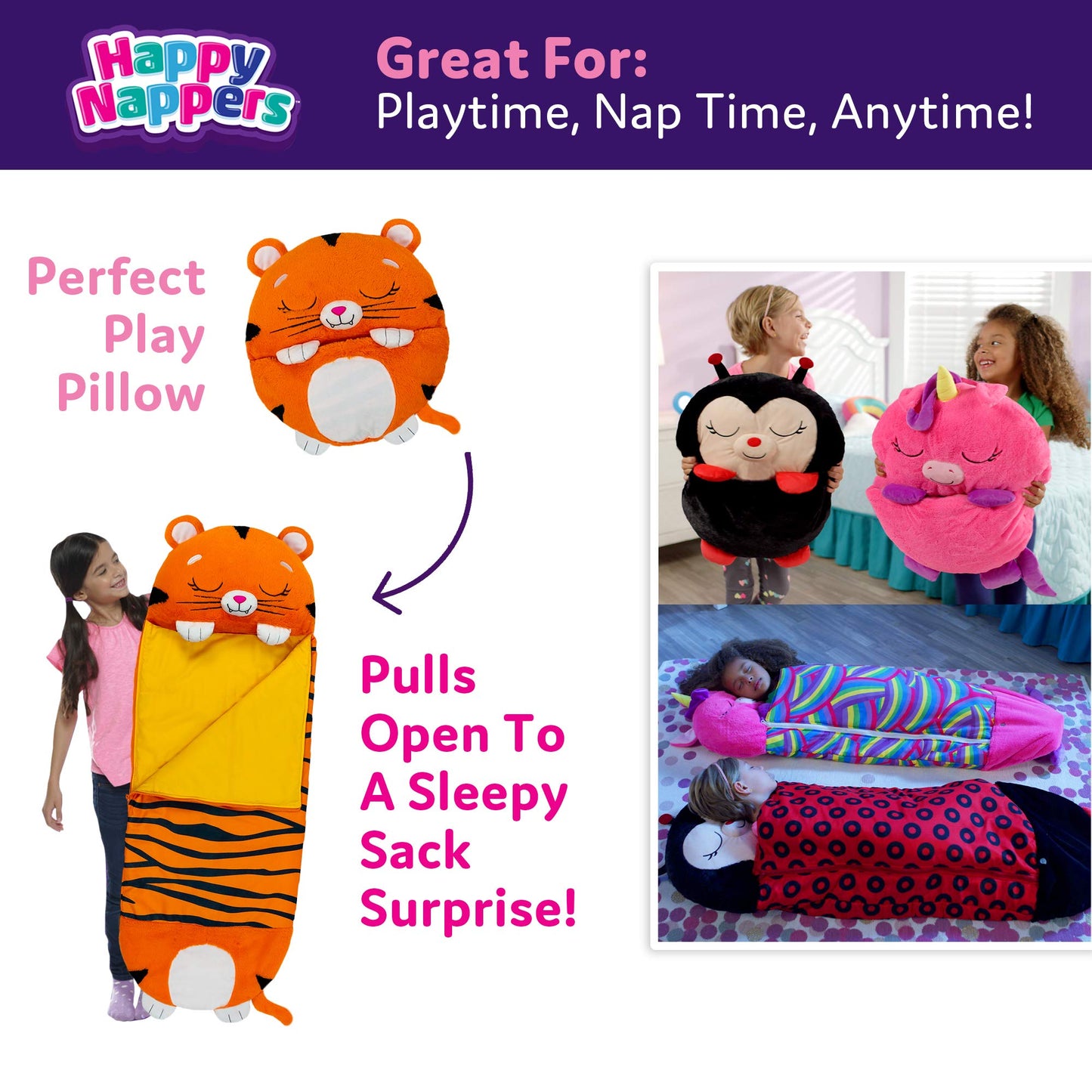 Happy Nappers Pillow & Sleepy Sack Tiger 54" Tall - Comfy, Cozy, Compact, Super Soft, Warm, All Season, Sleeping Bag with Pillow- Medium 54” x 20”, Tiger Ages 3+