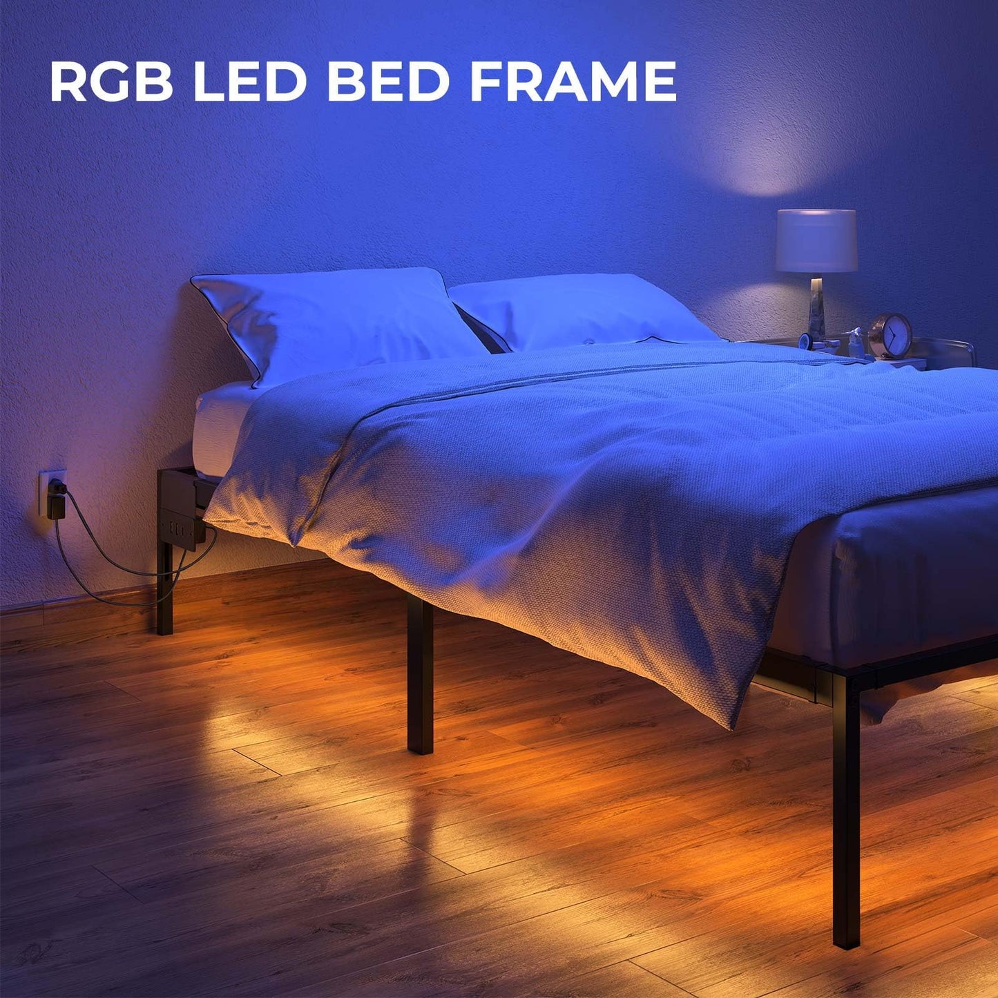 Rolanstar Bed Frame with USB Charging Station, Queen Bed Frame with LED Lights, Platform Bed Frame with Heavy Duty Steel Slats, 14" Storage Space Beneath Bed