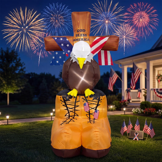 6FT Memorial Day Inflatables Eagle with Boots and Flag Cross Patriotic Blow Up Decorations LED Lighted Outdoor Memorial Day Decor for 4th of American Patriotic Independence Day Decor