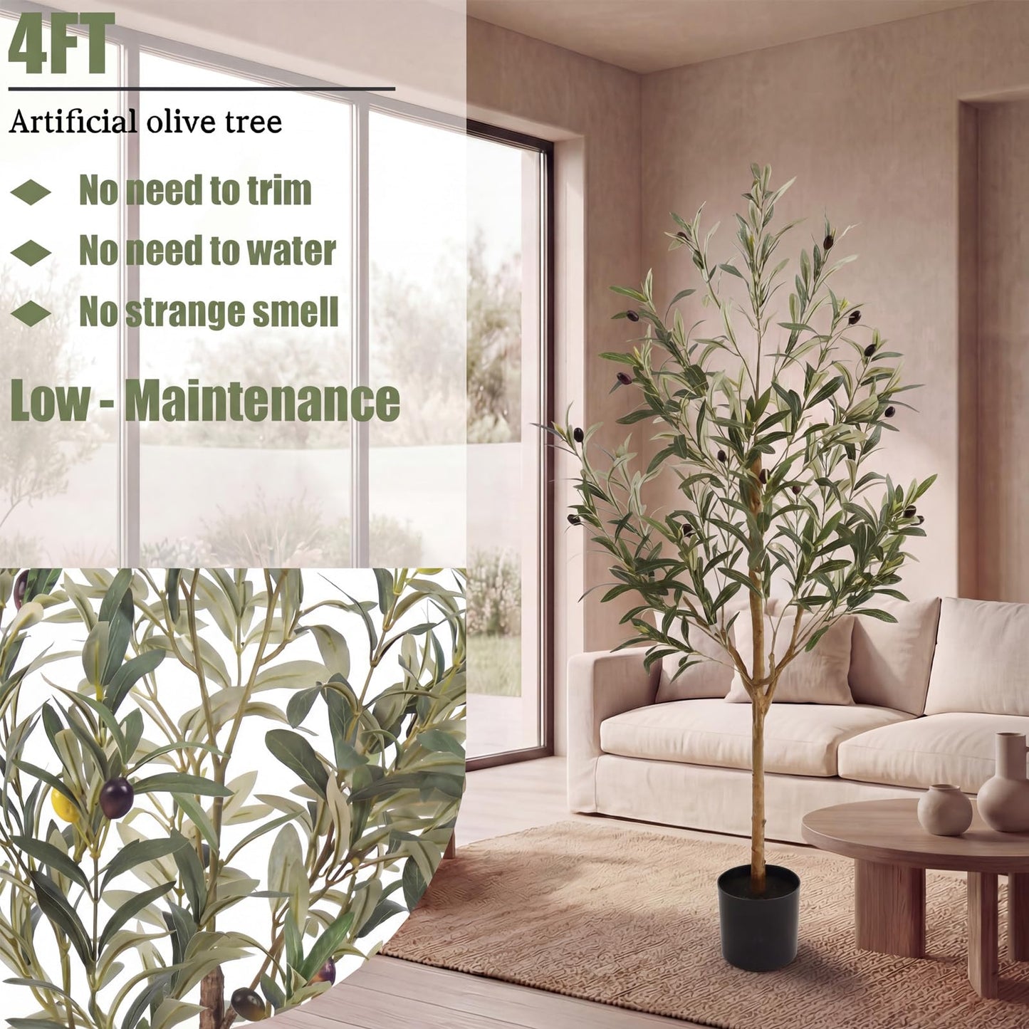 Huhemy 4FT Olive Trees Artificial Indoor,Fake Olive Tree with Natural Wood Trunk and Olive Branches and Lifelike Fruits,Faux Olive Tree for Home Office House Living Room Decor.