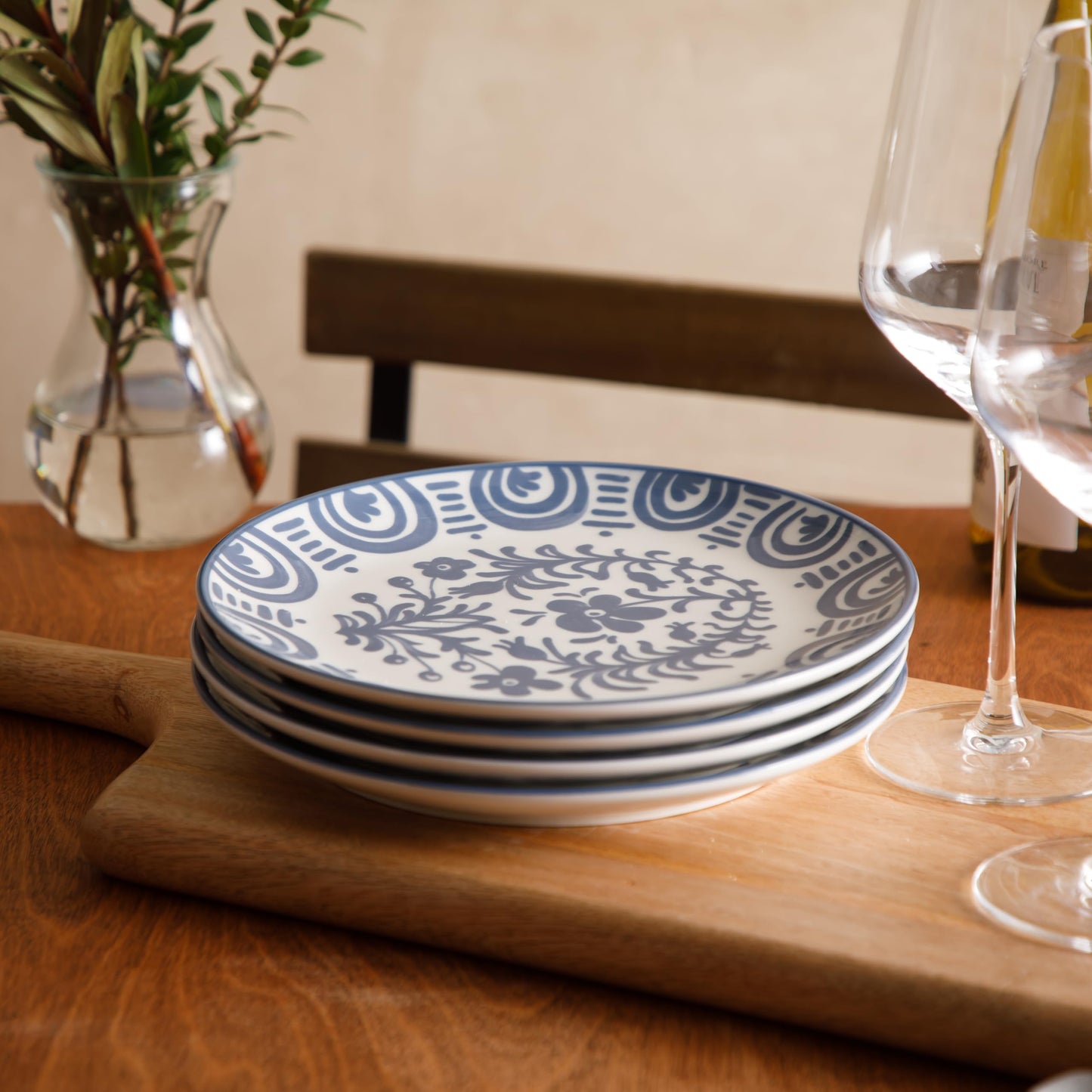 Bloomhouse - 2-Time Oprah’s Favorite Things - Valencia Flor 4 Piece Dessert & Salad Plate Set, 8.75” Stoneware Plates, Mediterranean Floral Decal Design, Microwave & Dishwasher Safe, Iris Blue