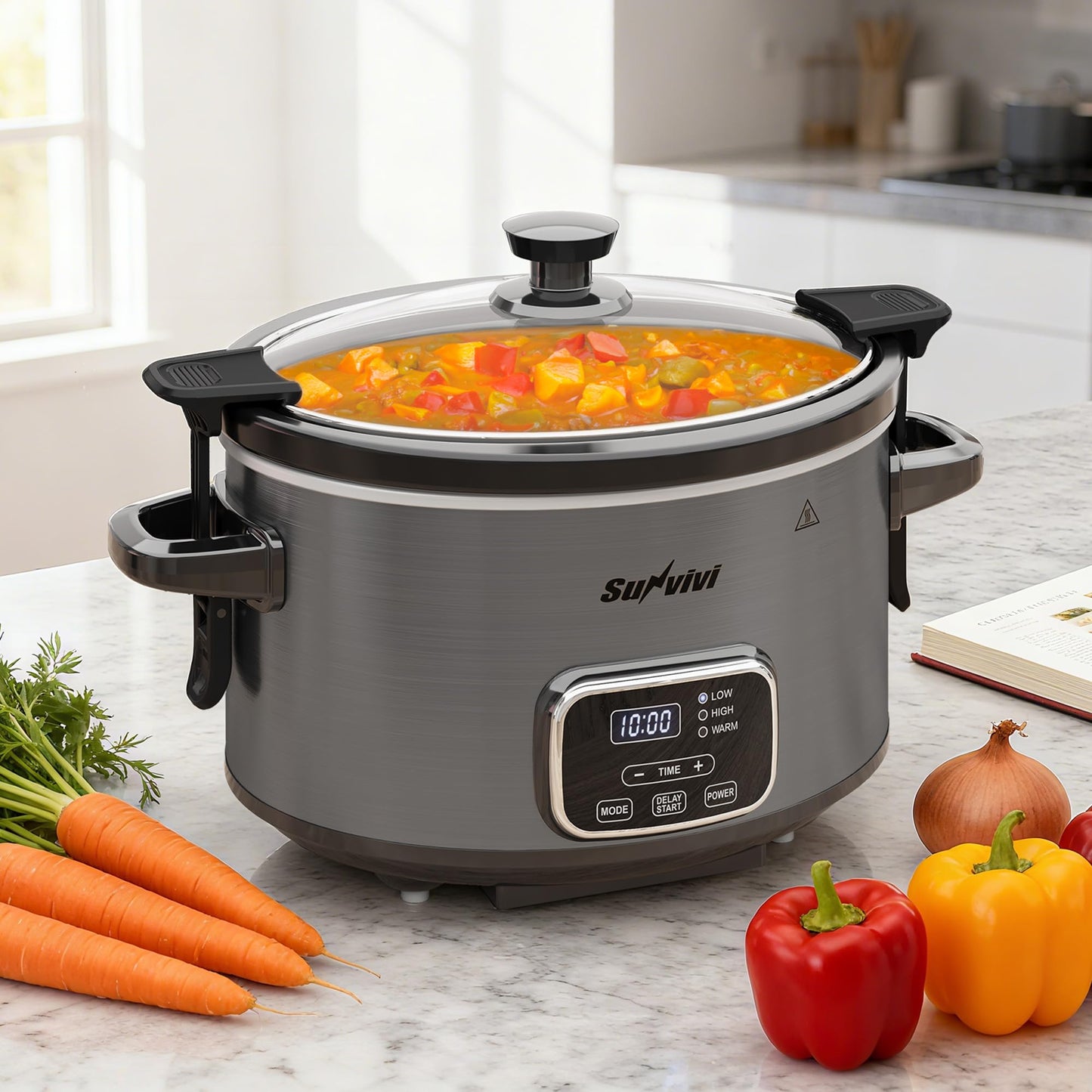 SUNVIVIPRO 4QT Slow Cooker, Programmable Pot with Removable Ceramic Pot, Locking Lid, 3 Heating Settings & Time Control,Dishwasher-safe Lid & Pot, Grey