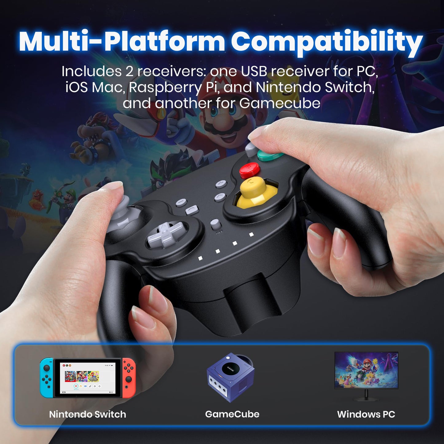 2 Pack 2.4 GHz Wireless NGC Switch Online Controller, GameCube & USB Receiver, Compatible with Windows PC iOS Mac Raspberry Pi Steam GameCube/Switch (Rechargeable) (Plug and Play) (Vibration) Black