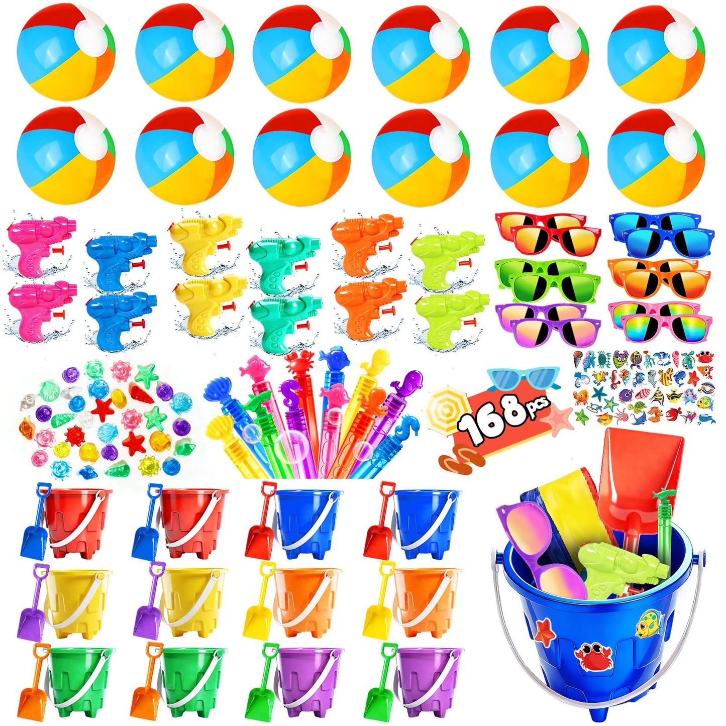 Pool Party Favors and Beach Party Favors 168pcs Summer Pool Toys for Party,Kids Ages 4-8 8-12, Including 12 Castle Mold Buckets, 12 Shovels,Beach Balls, Sunglasses, Bubble Wands