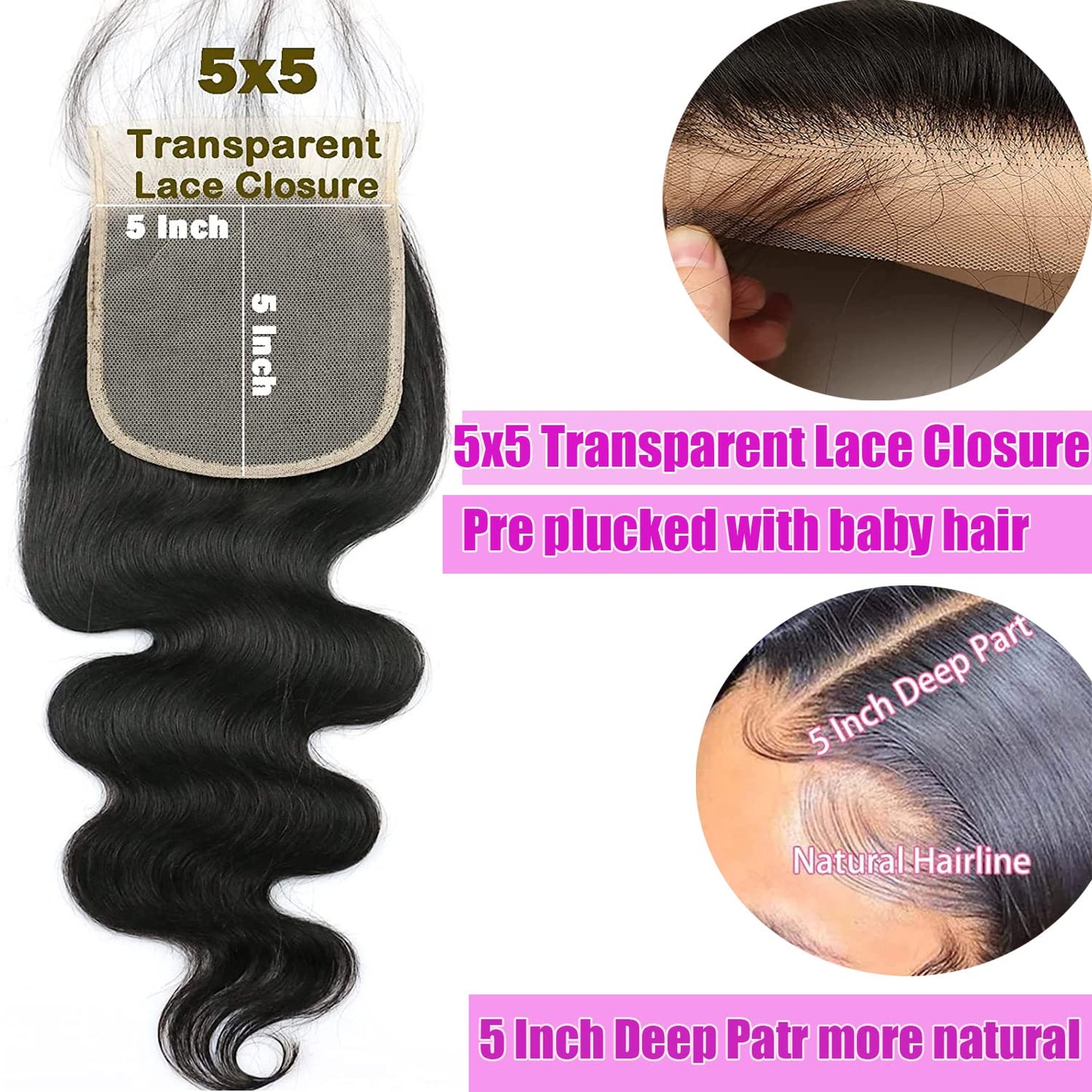Liangya Hair 5x5 Lace Closure Hd Transparent Body Wave Frontal Closure 12A Virgin Remy Human Hair Closure Real Hd Transparent Lace Closure Pre Plucked With Baby Hair Natural Black Color(16inch)