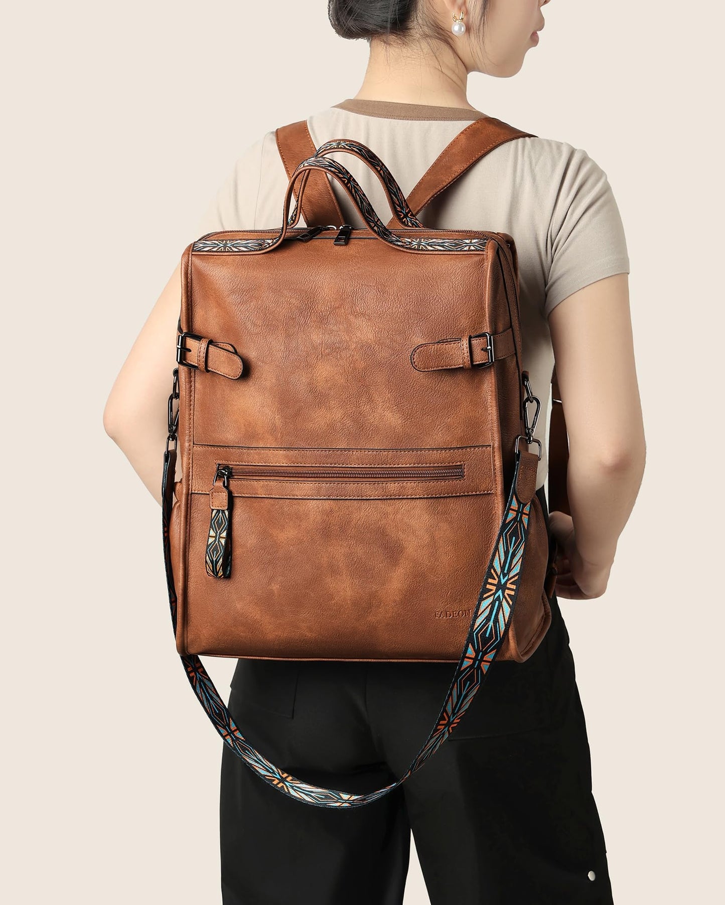 FADEON Leather Laptop Backpack for Women, Designer Ladies Work Travel Computer Backpack with Laptop Compartment Purse Brown