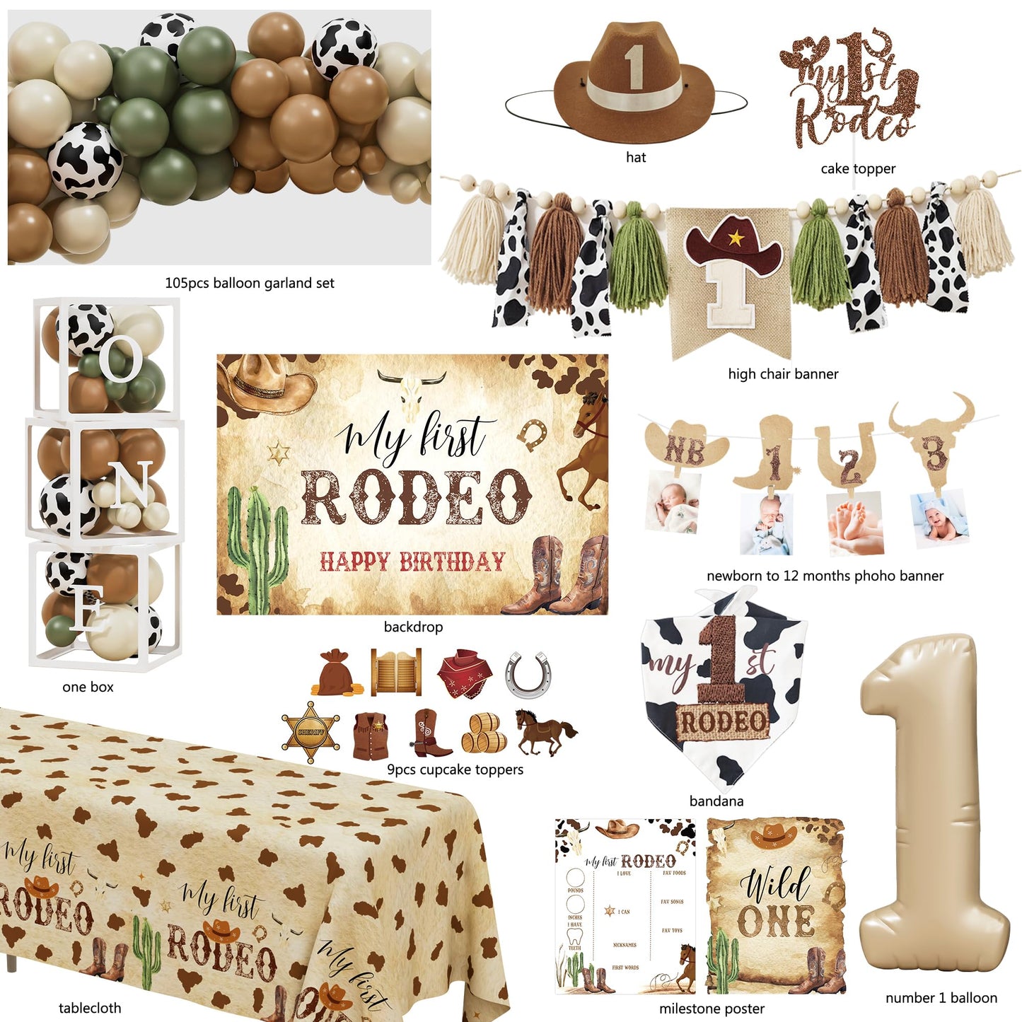 Western Cowboy 1st Birthday Decorations, My First Rodeo Birthday Party Supplies, Cowboy Balloon Arch Backdrop High Chair Banner ONE Box for Boys One Year Old Party