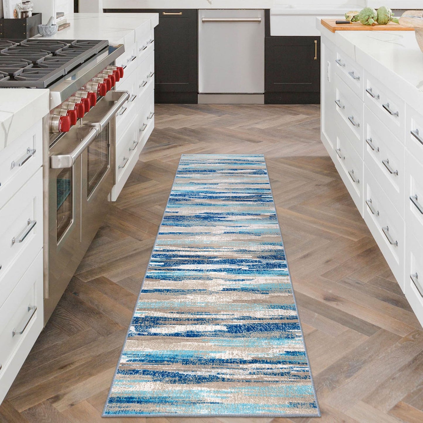 Lansny Modern Abstract 2x6 Blue Washable Kitchen Runner Non-Slip Soft Hallway Rug Runner Thin Print Faux Wool Carpet for Entryway Bedroom Laundry Room Indoor Home Decor