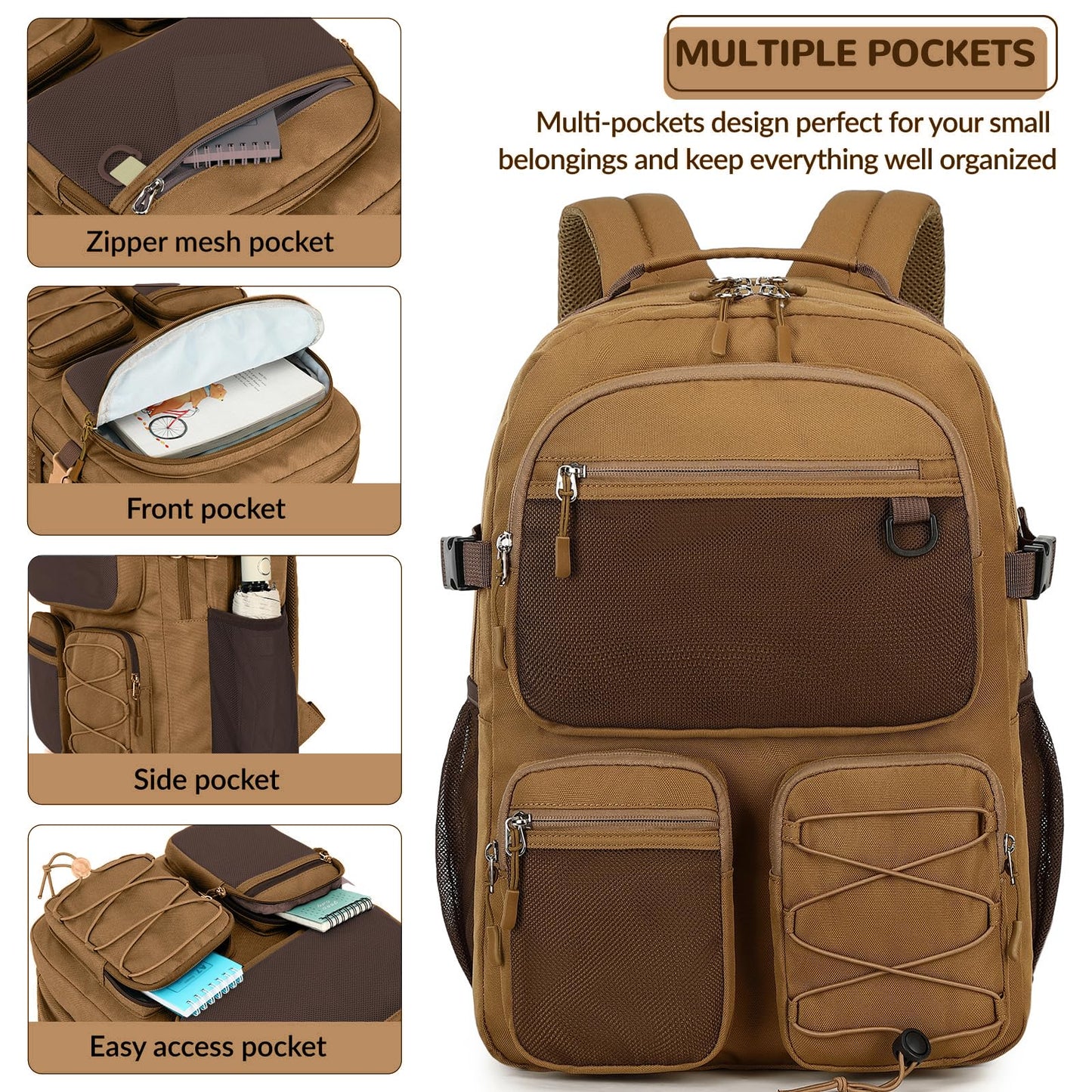 Lohol Water Resistant Daypack with Mulitiple Pockets for Travel Outdoor College, 15.6 inch Laptop Backpack for Men and Women (Brown)
