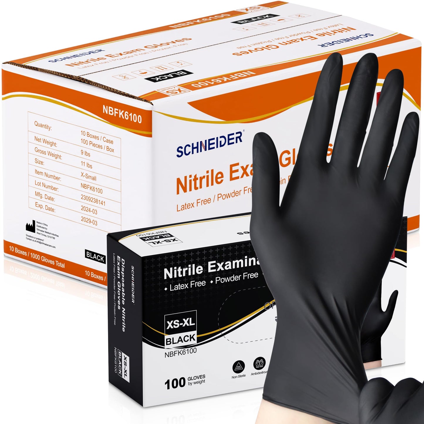 Schneider Nitrile Exam Gloves, Black Latex Free Powder Free Disposable Gloves for Medical, Cooking, Cleaning, and Food Prep (Large, 1000)