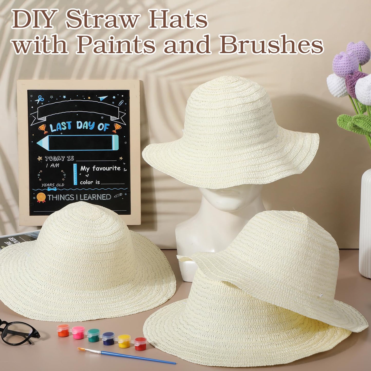 Chicingyou 12 Set DIY Straw Hat Set DIY Tea Party Hats Handmade Cap with Paints Brushes Craft Art Painting Cap Tea Party Supplies Mexican Arts Crafts Gifts for Adults Women Men