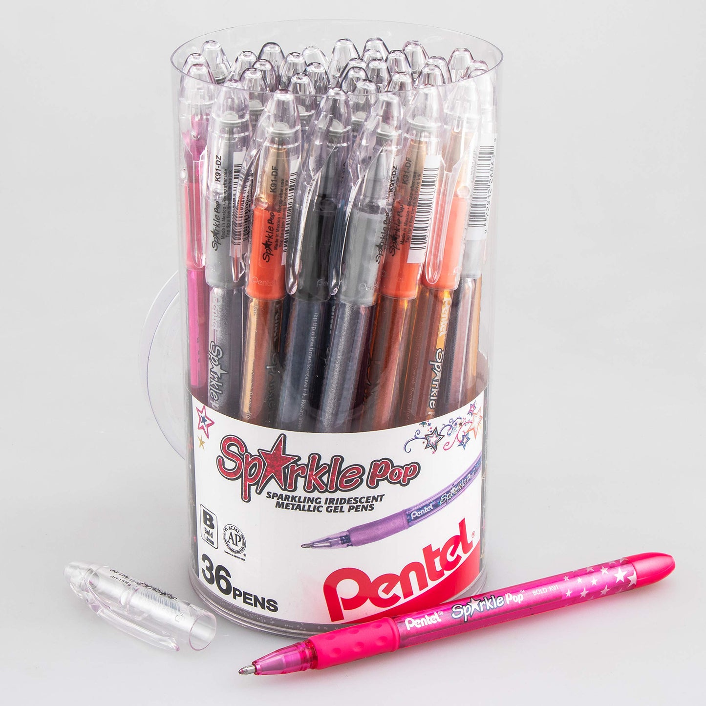 Pentel Sparkle Pop Iridescent Gel Pens, (1.0mm) Bold Lines, Assorted Ink (A/C/D/F/P/V/x/Z) 36-PK Canister (K91PC36M)