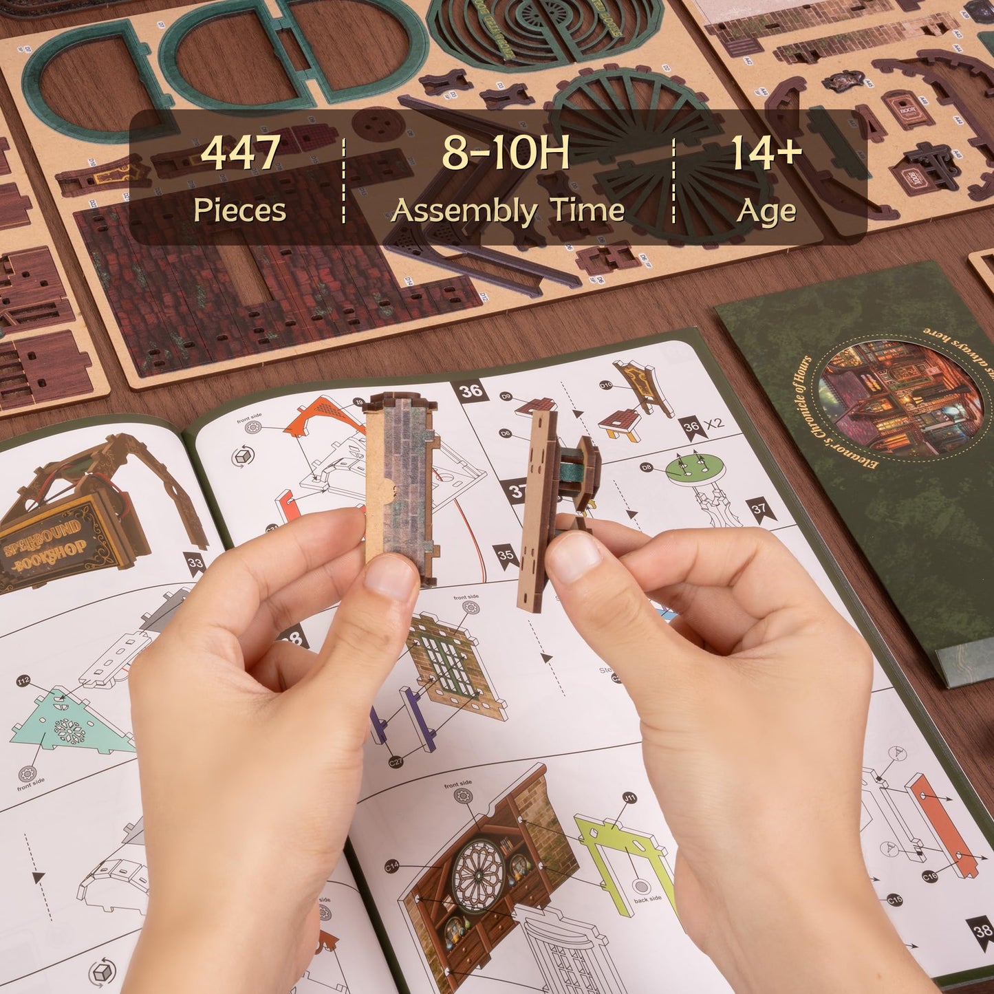 FUNPOLA 3D Wooden Puzzle Magic Bookstore with LED Lights - DIY Miniature Kit, Spellbound Bookshop, Home Décor Display, Creative Gift for Adults and Teens
