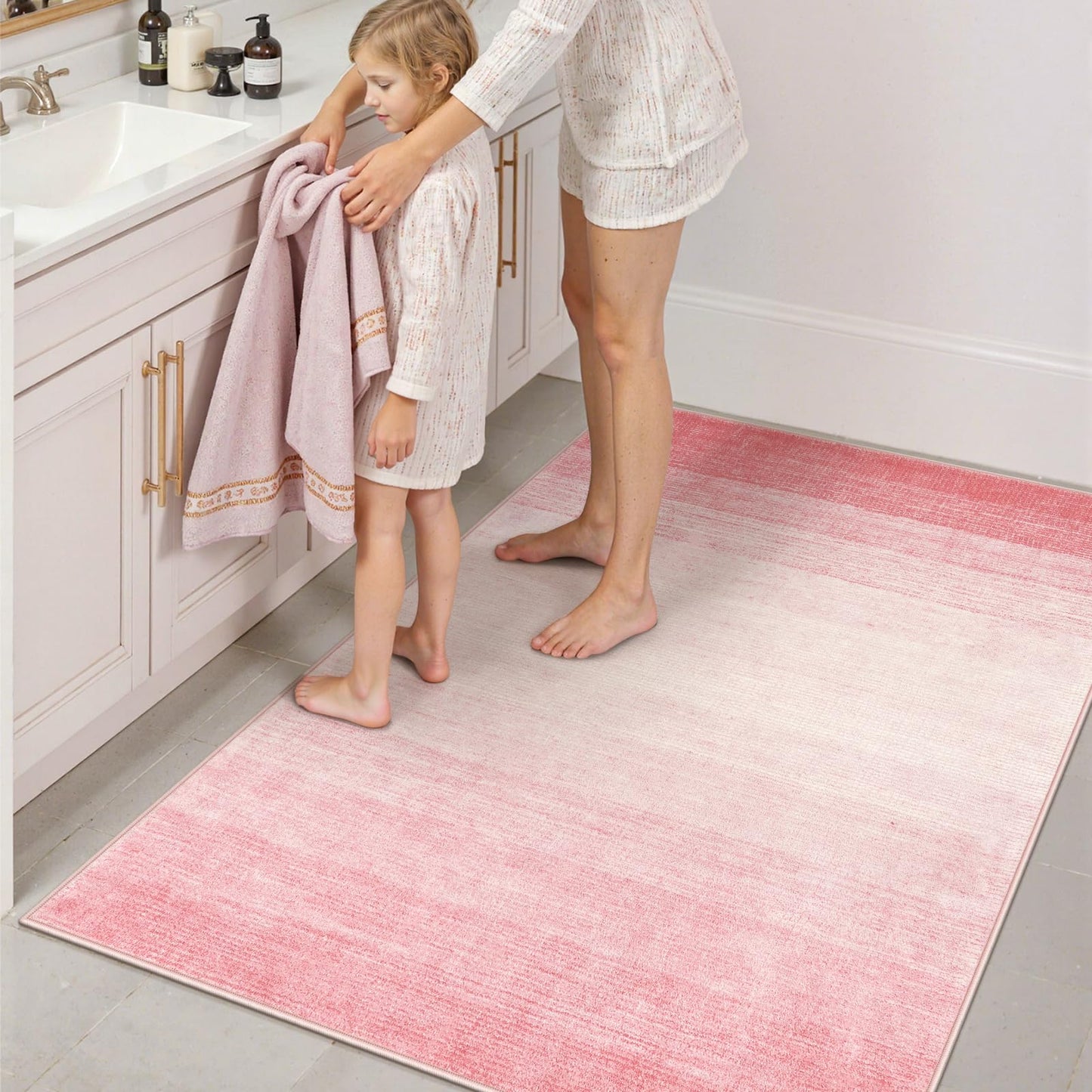 Wonnitar Washable 3x5 Area Rug, Pink Rugs for Bedroom Girls, Contemporary Ombre Nursery Soft Kids Room Rug, Modern Non-Skid Faux Wool Indoor Carpet for Bathroom Dorm Bedside (Pink,3'x5')