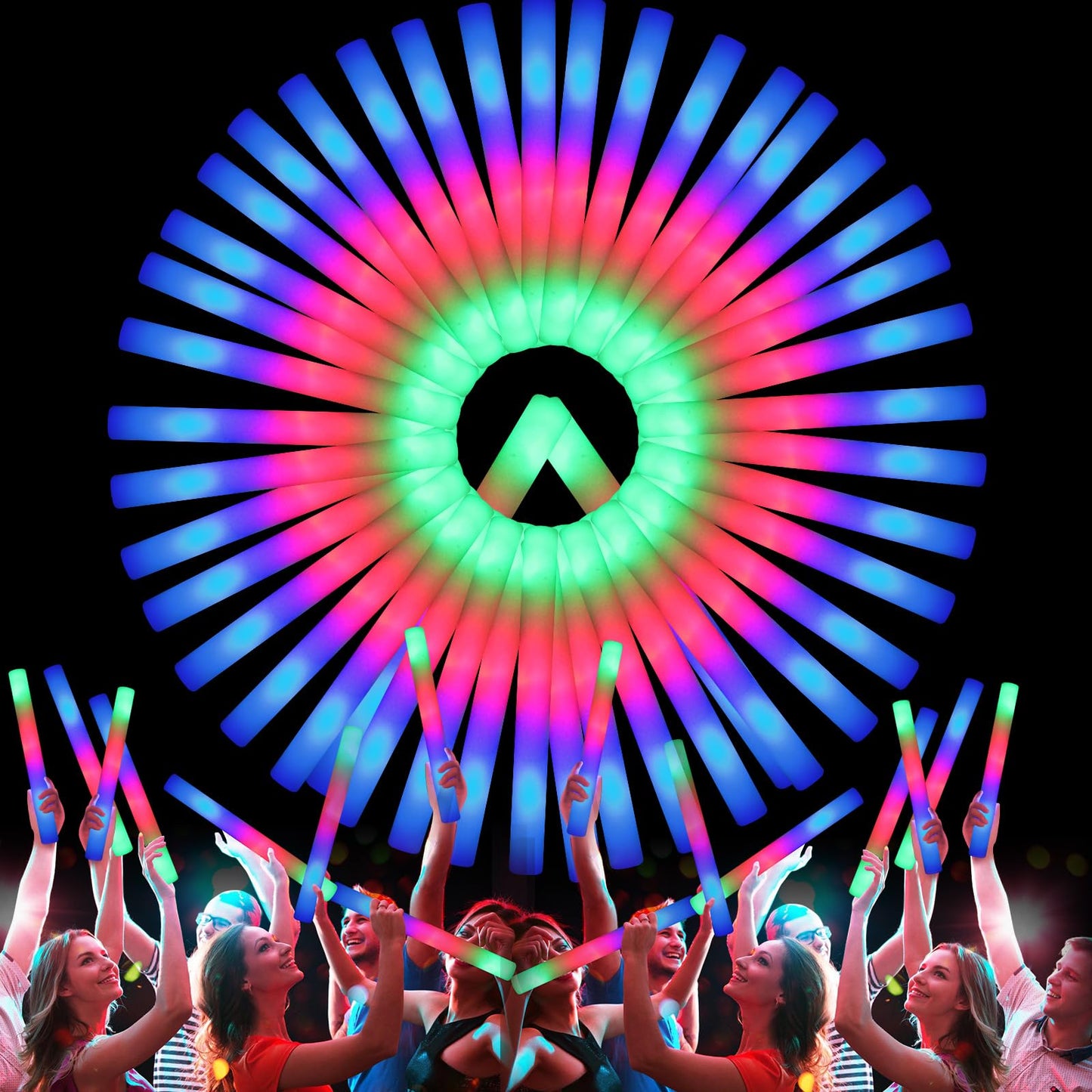 wellent 107 PCS LED Foam Glow Sticks Bulk, Glow in the Dark Party Supplies with 3 Modes Colorful Flashing, Neon Party Favors for Birthday, Wedding, Carnival, Concert, New Year