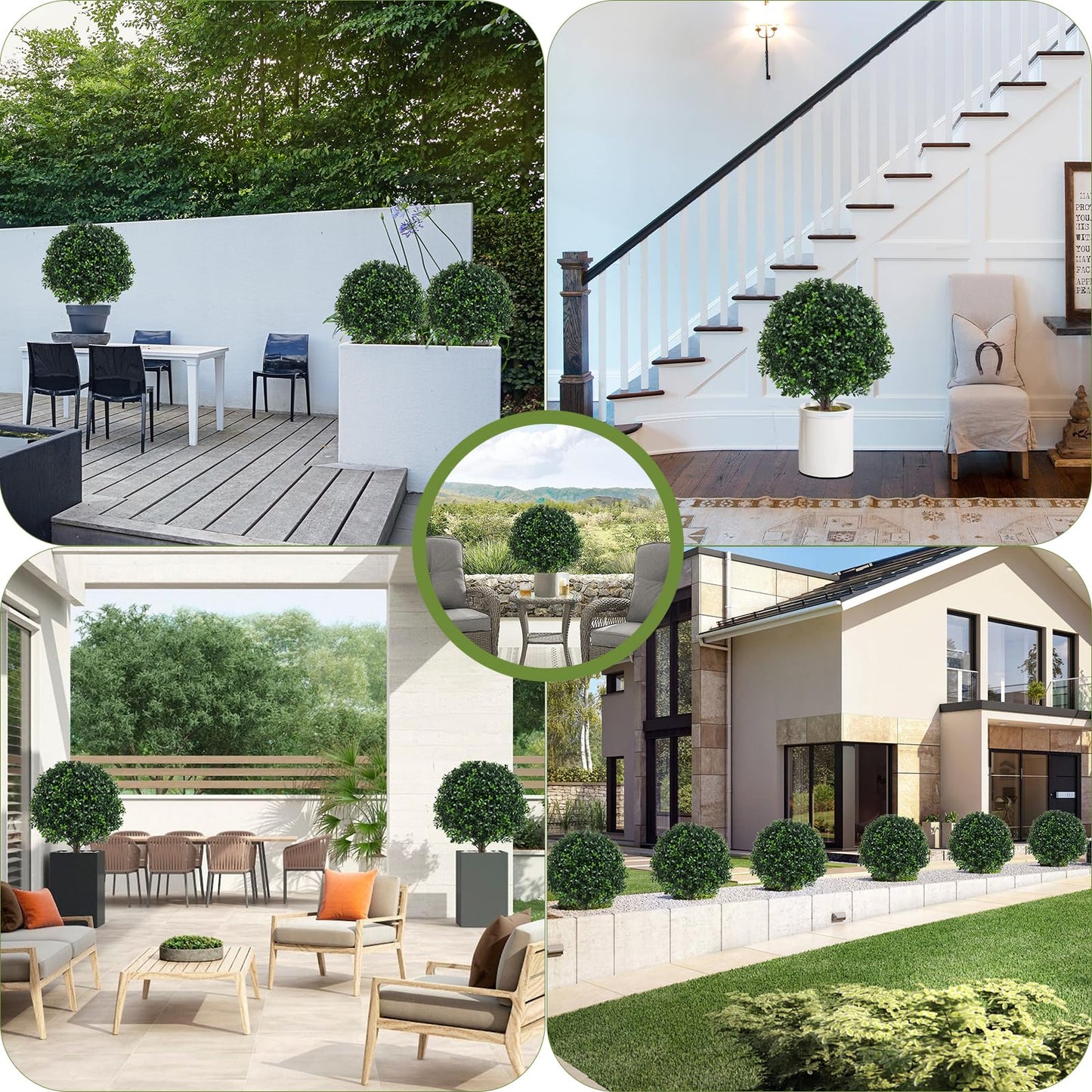 Grewyear Artificial Boxwood Topiary Ball Bush for Outdoor with Spike, Set of 2 UV Resistant Faux Boxwood Ball Tree with Stake, Weatherproof Fake Round Topiary Shrub Plant for Front Porch Planter
