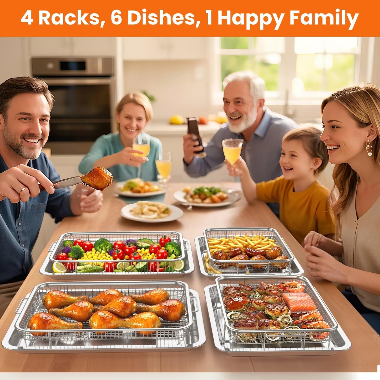 Xumilas 304 Stainless Steel Air Fryer Basket for Oven - 2 Pack Crisper Tray & Mesh Rack Set (15"x11" & 12.8"x9.7") with 60 Parchment Papers, Air Fry Pan for Bacon Fries Vegetables - Family Size