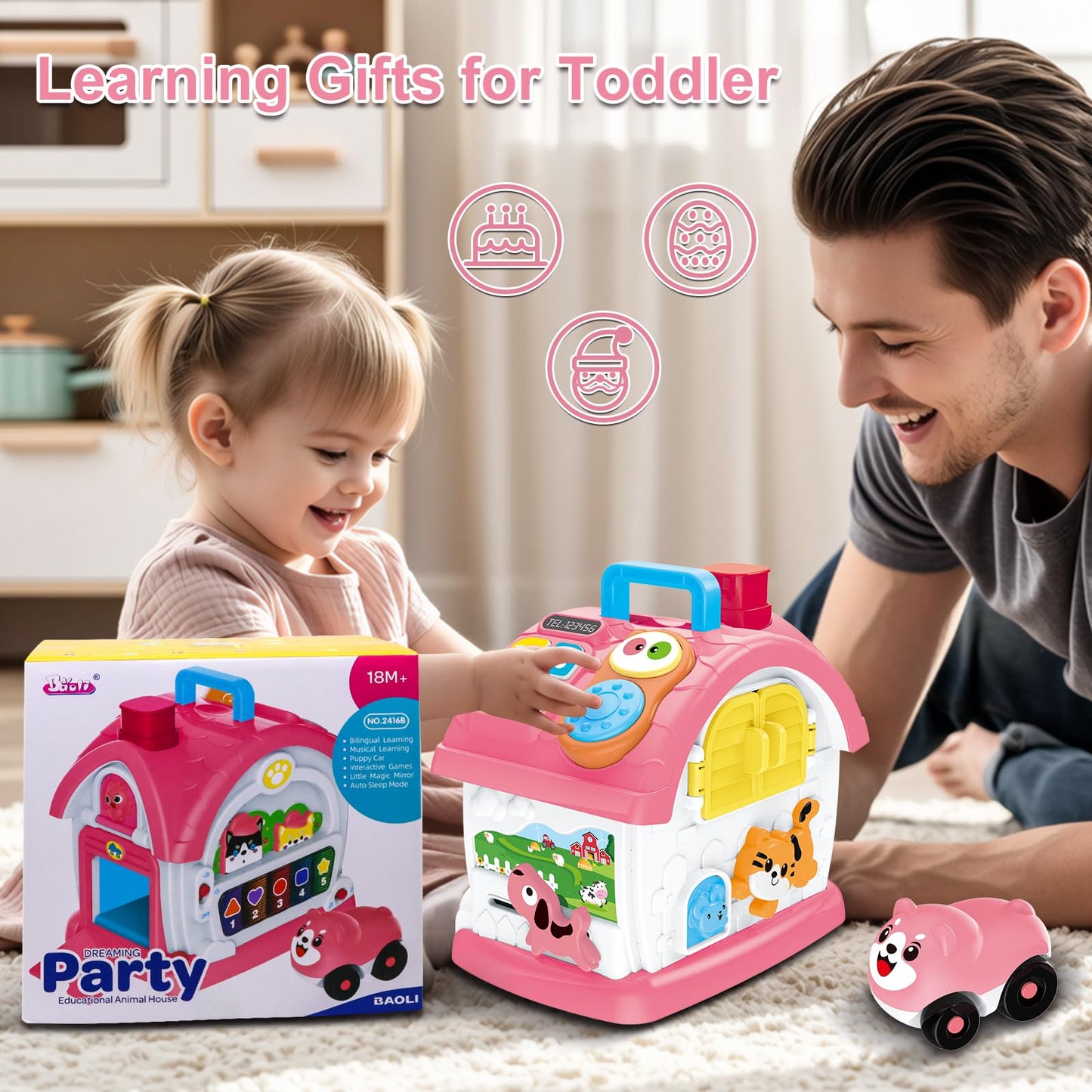 DELUTIQUE - Learning Toys for 1 Year Old Girls, 8 in 1 Sensory Toy for Toddlers, Musical House with Play Phone, Mirror, Piano, Montessori Toy for Baby 12-18 Months