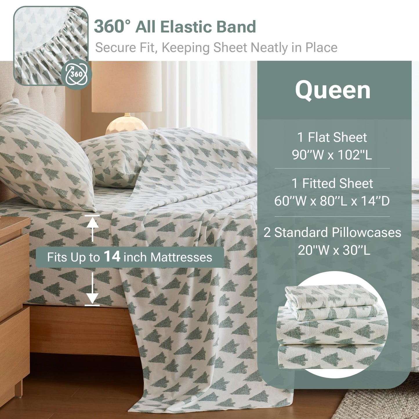 True North by Sleep Philosophy Cotton Sheet Set Cozy Print 100% Cotton Flannel Sheets Bedding Set, Oversized Sheets, Deep Pocket Fits Up to 14" Mattress Queen Bed Sheets Queen Ikat Tree 4 Piece