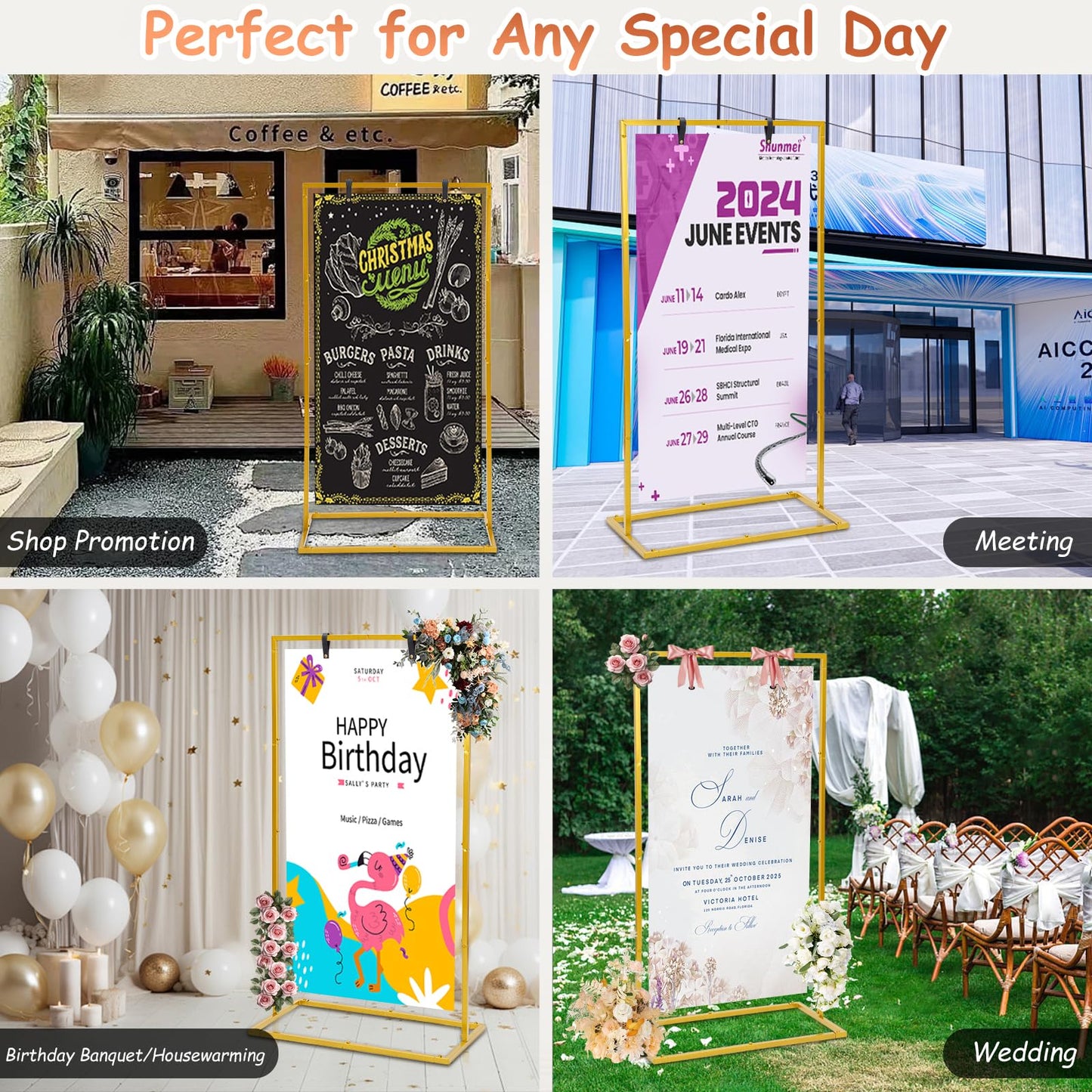 Elegant Wedding Sign Stand & Holder，Golden Heavy Duty Metal Wedding Welcome Sign Stand for Reception，Welcome to Our Wedding Hanging Sign Stand - Perfect for Seating Chart, Posters, and Decor