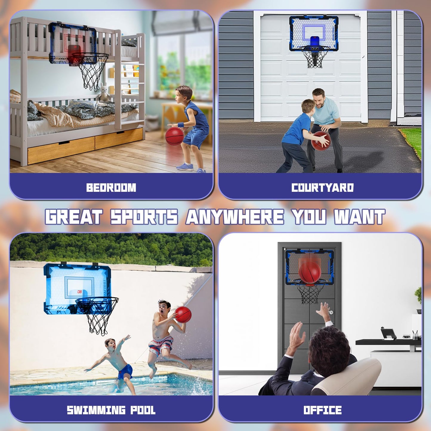 Remote Control Basketball Hoop Indoor for Kids-Over The Door Basketball Hoop with LED Light, Scoreboard, 4 Balls, Air Pump, Bag, Mini Hoop Gift Sport Toy for Boys Girls 3 4 5 6 7 8 9 10 11 12+, Blue
