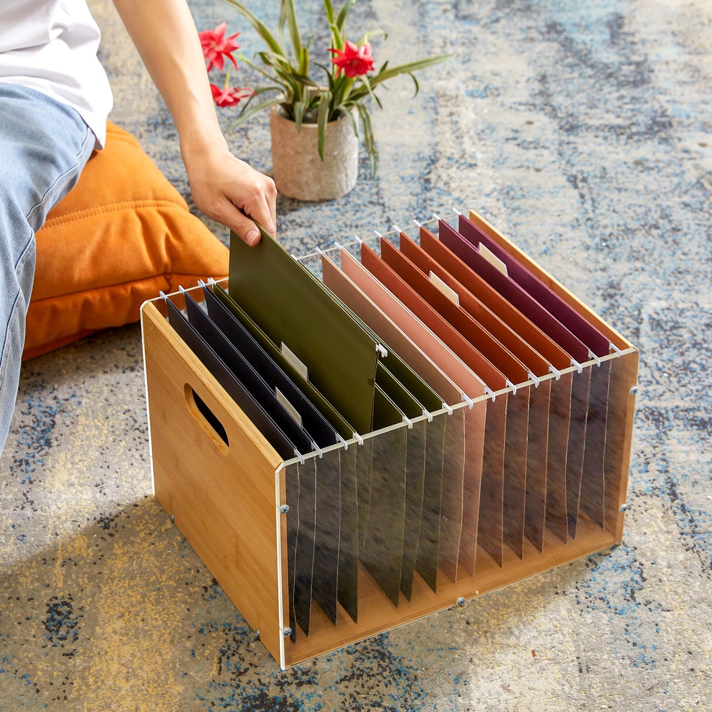 Letter/Legal Bamboo Acrylic File Box Organizer, Hanging File Folder Storage Boxes, Decorative Document Crate Transparent Filing Bin with Handle for Home Office Desk