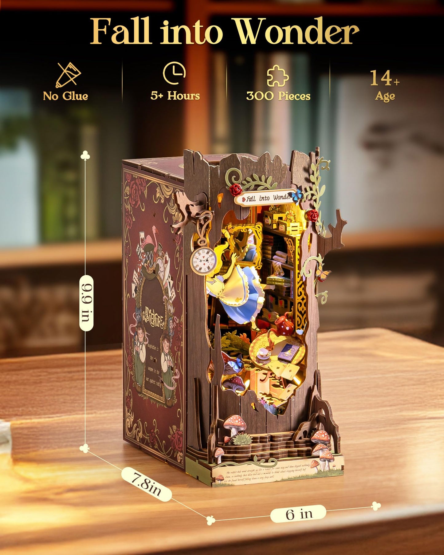 Rolife Book Nook Kit Fall into Wonder DIY Miniature Kit, 9.9" Tree Hollow Booknook 3D Wooden Puzzle with LEDs Fairy Tale Bookshelf Decor Gift for Adults & Teens