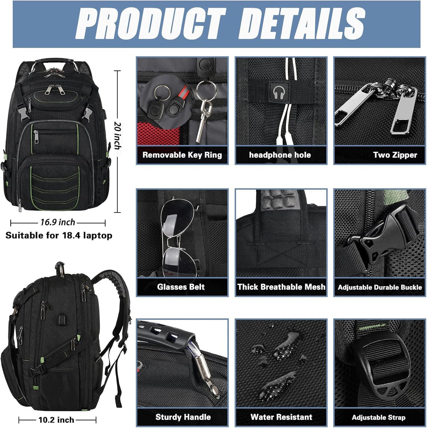 SINVICKO Extra Large 18.4 Inch Laptop Backpack, Green, RFID Anti-Theft, TSA Friendly, USB Charging Port, Water Resistant, Heavy Duty, Durable, for Men