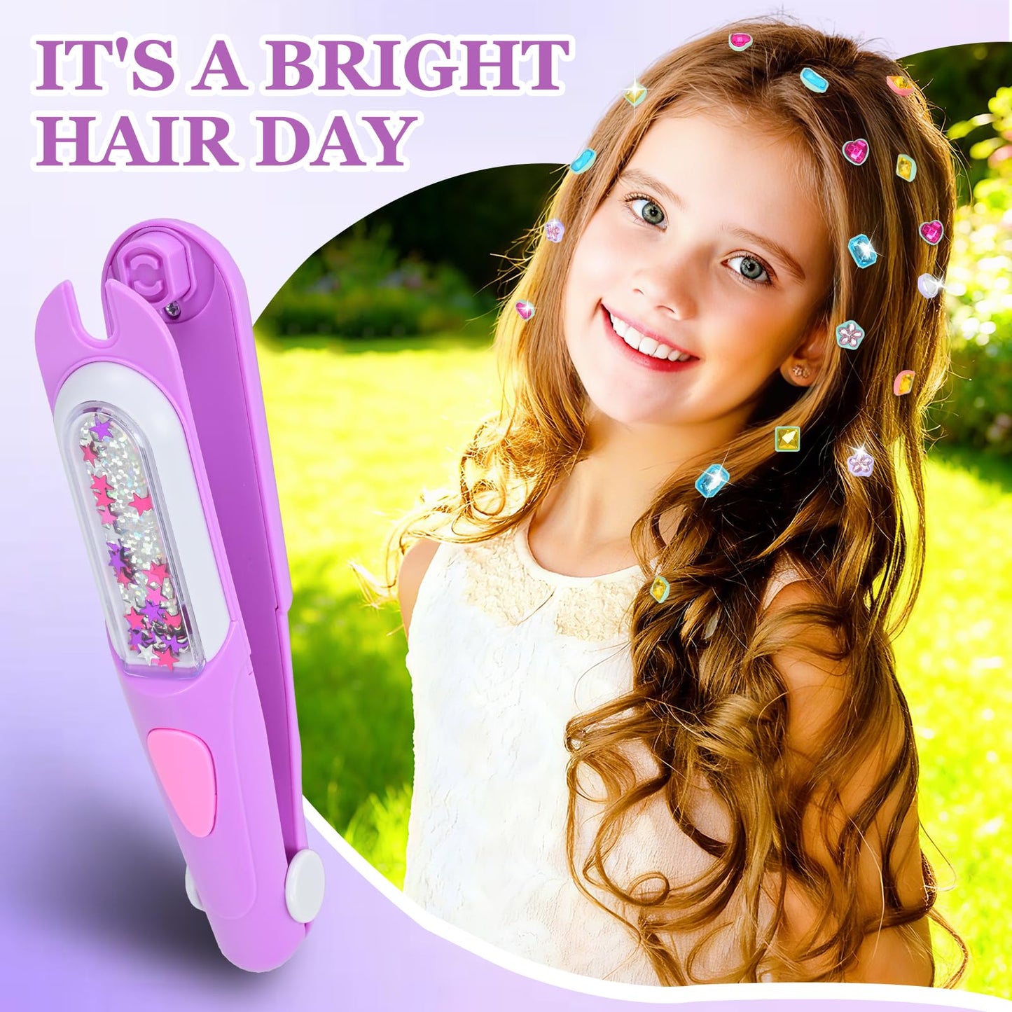 Hair Gem Stamper Kit, Hair Bedazzler Styling Tool with Reusable Rhinestones, Girls Hair Accessories, Birthday Gift Toy for Girls (Pink) (Purple)
