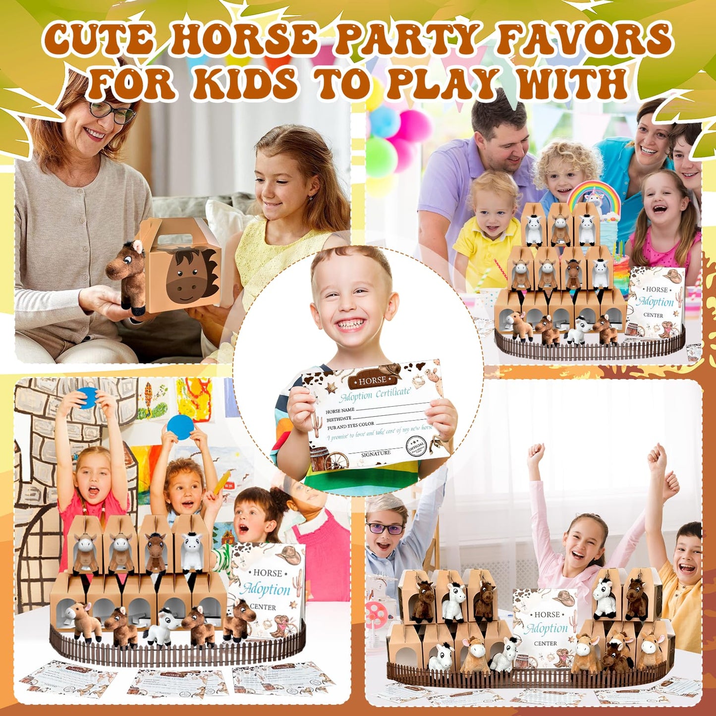 38 Pcs Horse Adopt Party Favor Include 12 4.72 Inch Horse Stuffed Animals 12 Foldable Horses Boxes 12 Adoption Certificates 1 Adoption Card 1 Fence for Adopt a Pony