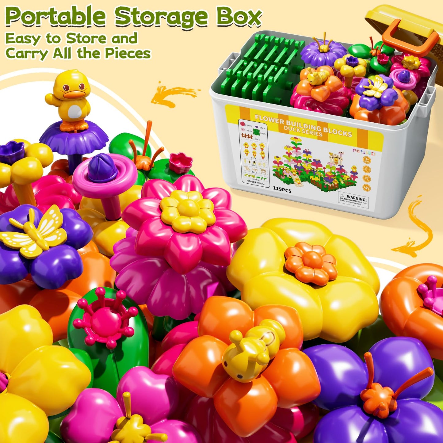 Flower Garden Building Toys for Toddler 3 4 5 6 7 Years Old, DIY Stacking Toys with Storage Box, Kids STEM Preschool Educational Toy, Christmas Birthday Gift for Girls Ages 3-5