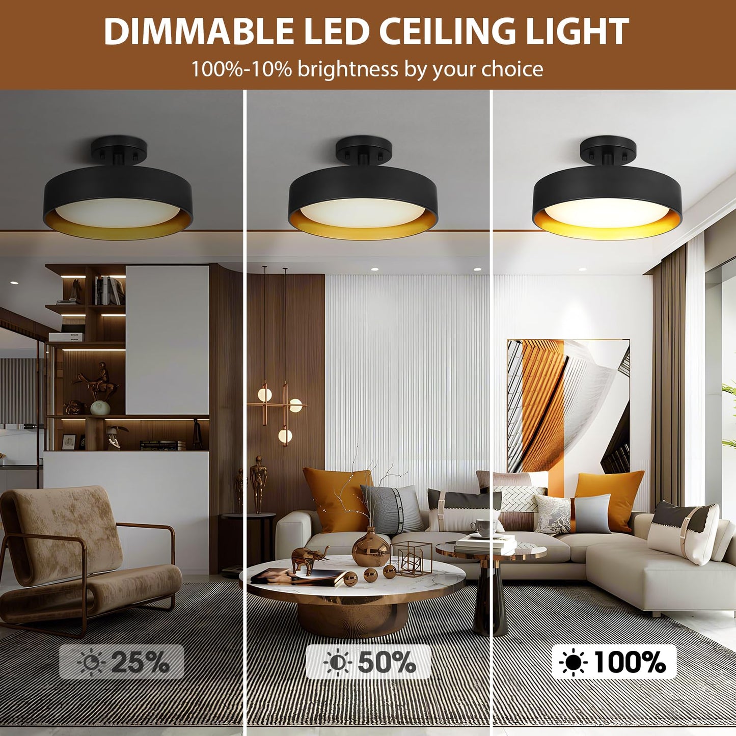 SunRider Semi Flush Mount Ceiling Lights, 12 Inch 25W LED Ceiling Light Fixture Black for Hallway Kitchen, Gold Inside, 5000K Daylight White, Dimmable