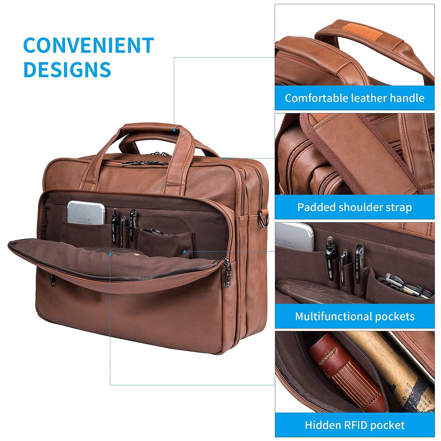 Seyfocnia Men's 17.3 Inches Laptop Bag, Brown Faux Leather Briefcase