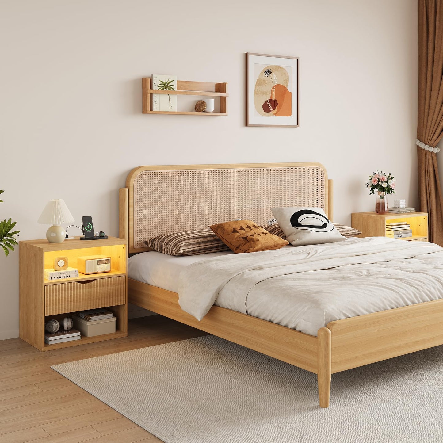 LAKEMID Fluted Wood Nightstand with Charging Station,24" Night Stand with Lights,Bedside Tables with Drawers,Bed Side Table for Bedroom,Natural Oak