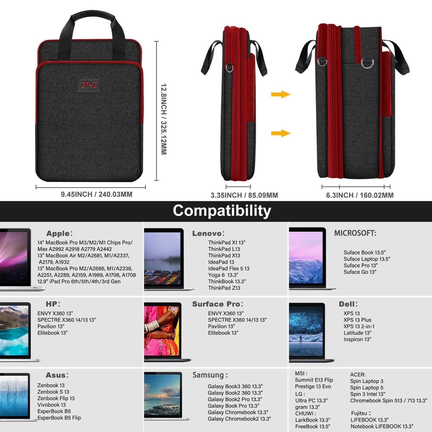 ZINZ Laptop Case 12.9 13 Shoulder Bag, Expandable Handbag with Valuables Compartment Compatible with MacBook Air/Pro/Neo 13" M5/M4/M3/M2/M1, iPad 12.9/13/11, Water-Resistant & Shockproof,B01K02