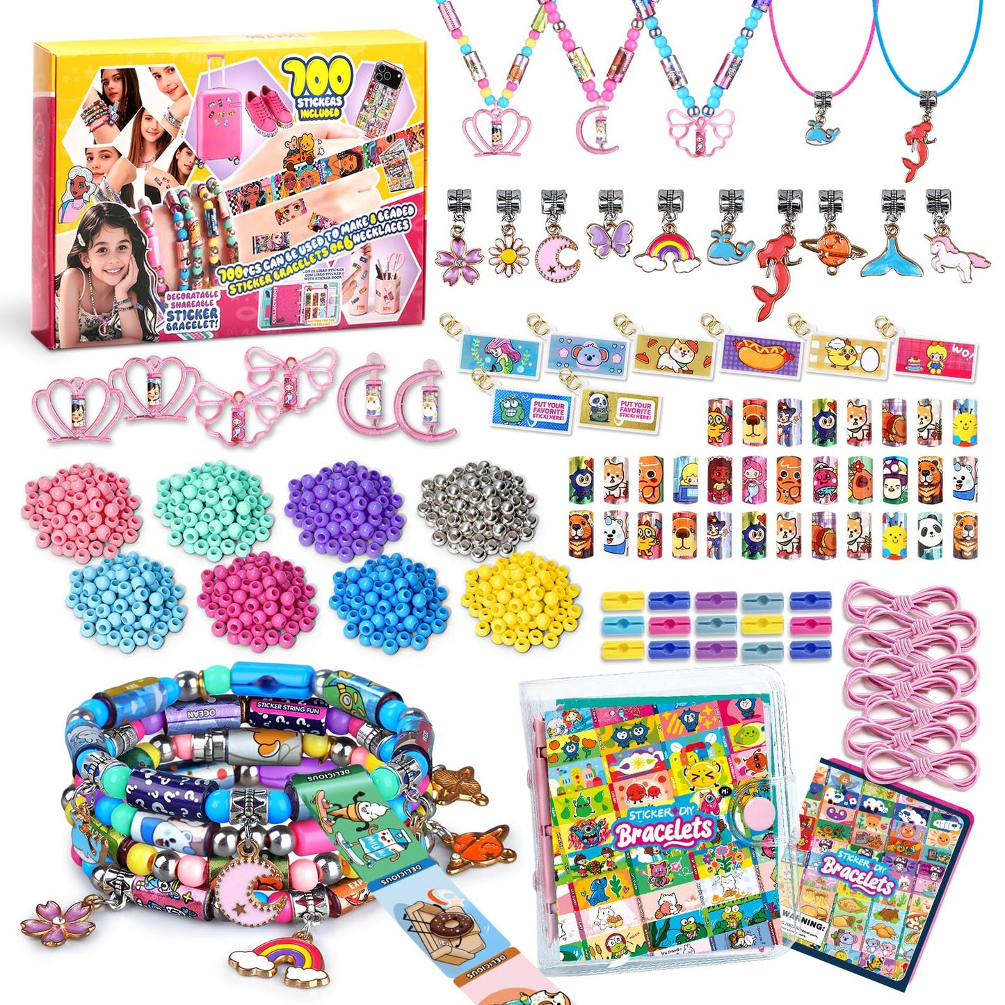 jhtigre Sticker Bracelet for Kids,Bracelet with 700pcs Shareable Sticker 14 Fun Pendants & Collection Book,Arts and Craft Stickers for Girls Birthday Gift, Jewelry Making Bracelets Kit