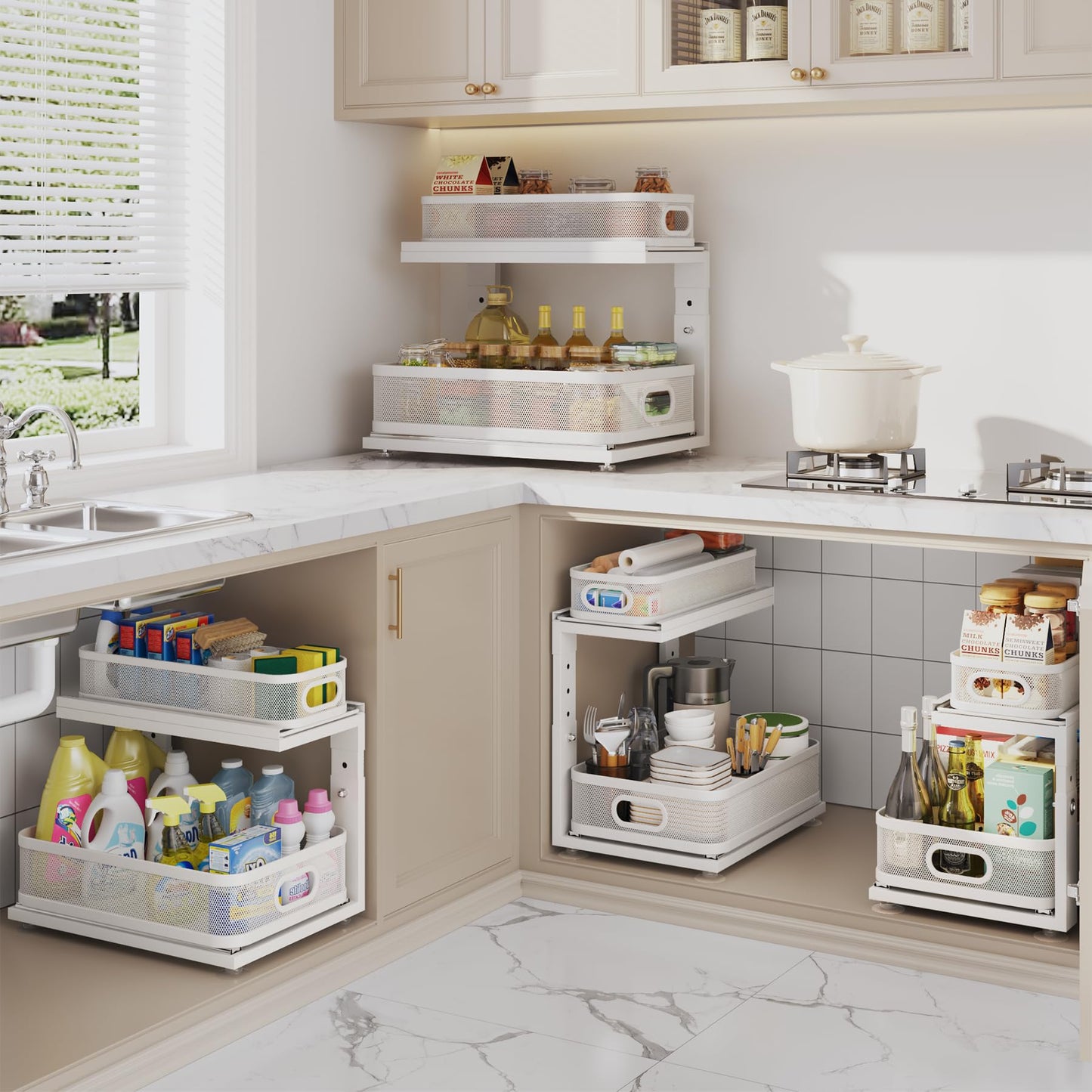 Corbyles 2 Pack Under Sink Organizer With Next-Gen Ball-Bearing Slides,2-Tier Precision Mesh Pull Out Cabinet Drawers Storage for Bathroom&Kitchen,Height Adjustable Shelf,Rust-resistant-Patent Pending