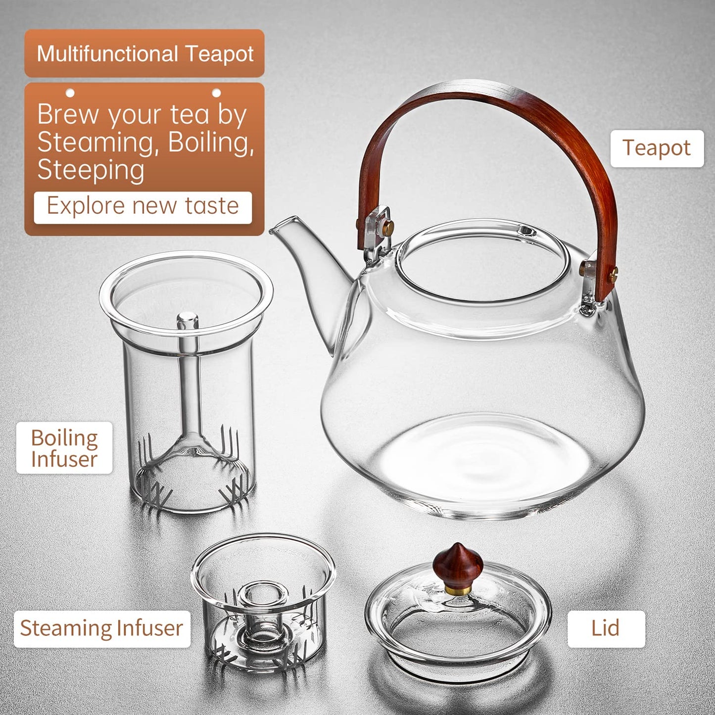 DOPUDO 40oz Glass Teapot with Anti-Drip Spout, Peach Wood Handle and Lid, Heat-Resistant Borosilicate Glass, Dual Infusers for Steaming and Boiling