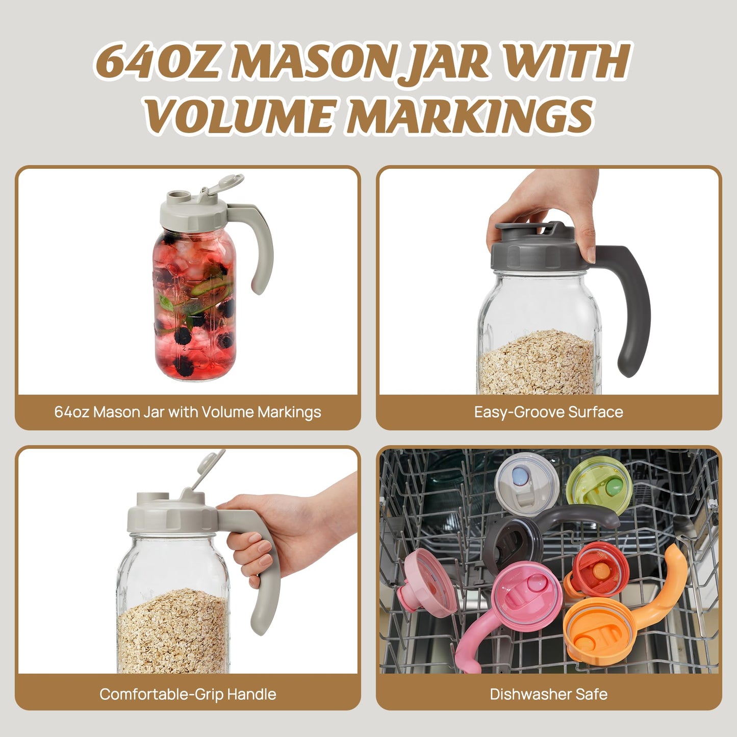 Soligt Glass Mason Jar Pitcher with Lid, Wide Mouth Flip Cap Pour Spout Leak-proof Lid with Handle, 64 oz/2 Quart, for Iced Coffee/Sun Tea Juice/Cold Brew/Milk (2 Pack, Dark Gray + Light Gray)